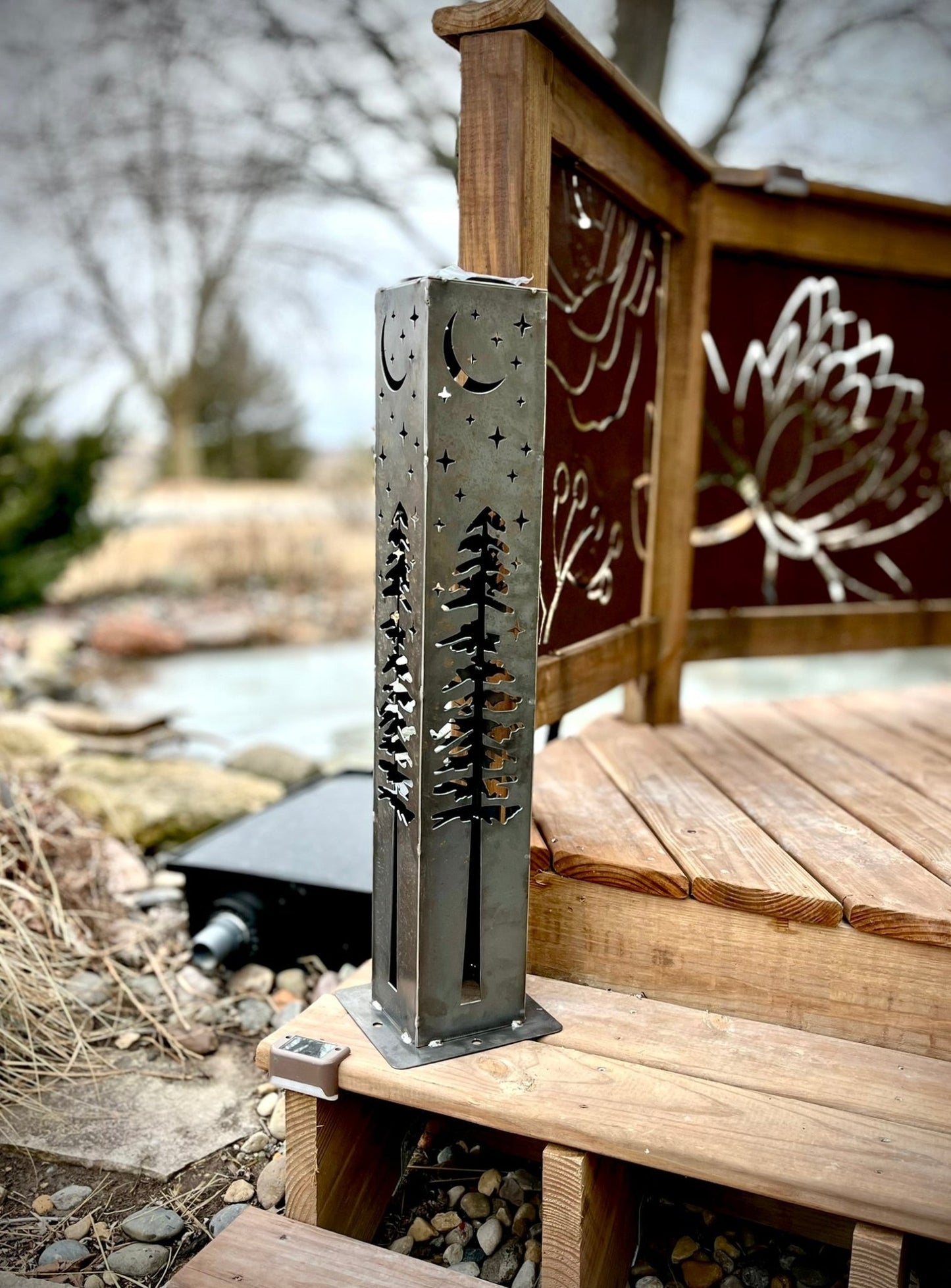 4 - Sided Night Sky Pine Tree Solar Luminary Tube Light - Steel - christmas - christmas decor - Northern Forge, LLC