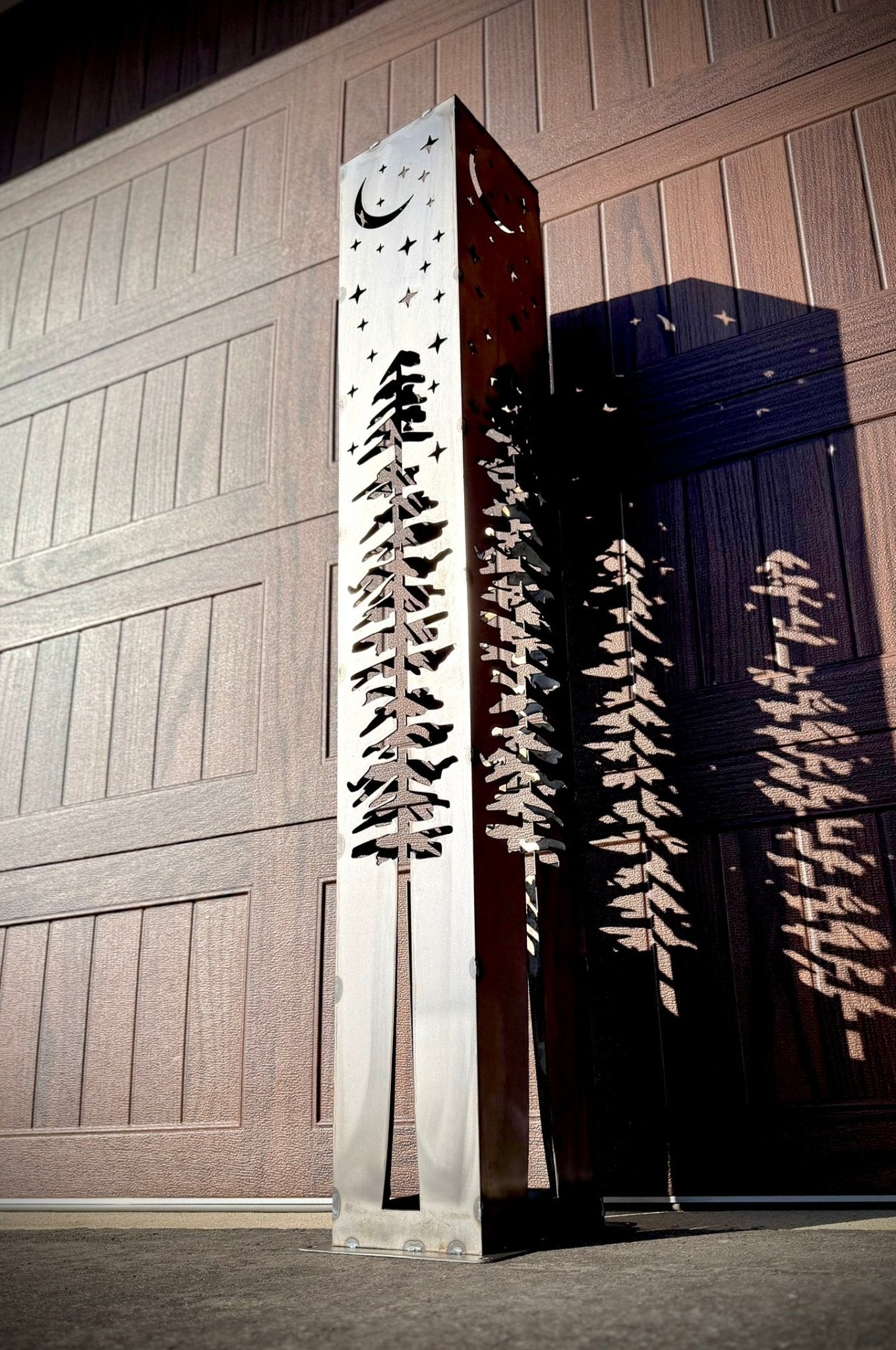 4 - Sided Night Sky Pine Tree Solar Pillar - Steel - christmas - christmas decor - Northern Forge, LLC