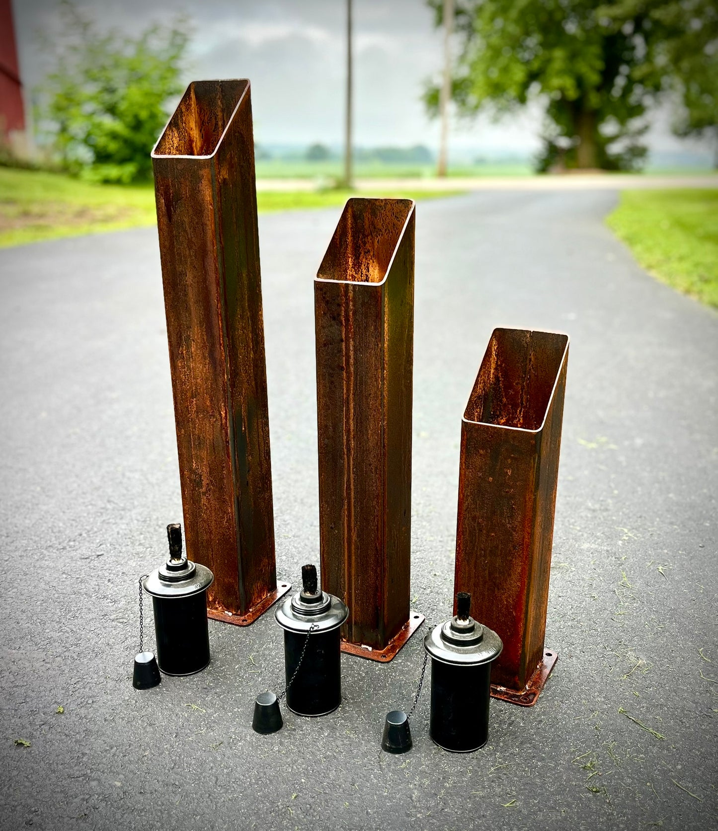 The Little Ember Trio - Rusted Steel Patio Torches - Multiple Sizes