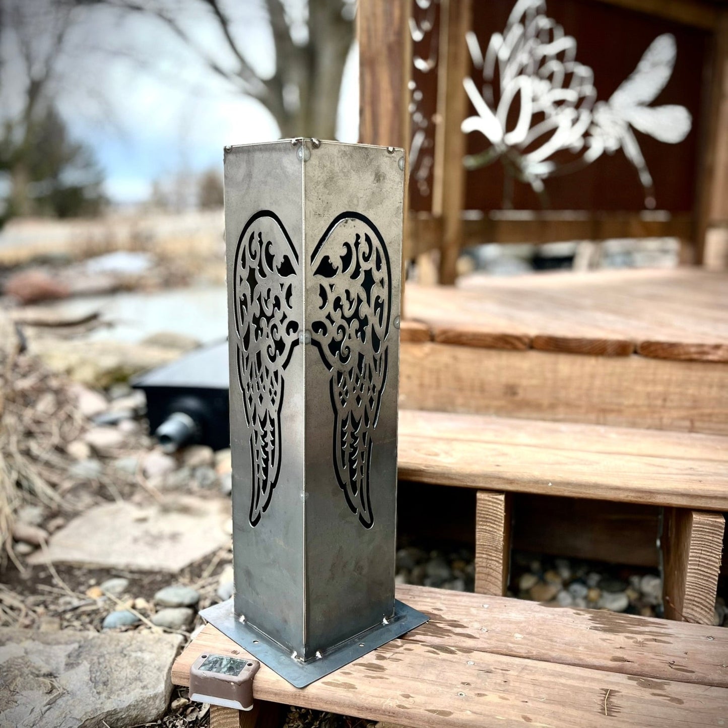 Angel Wing Solar Tube Light - Steel - angel wings cemetary - angel wings for grave - Northern Forge, LLC