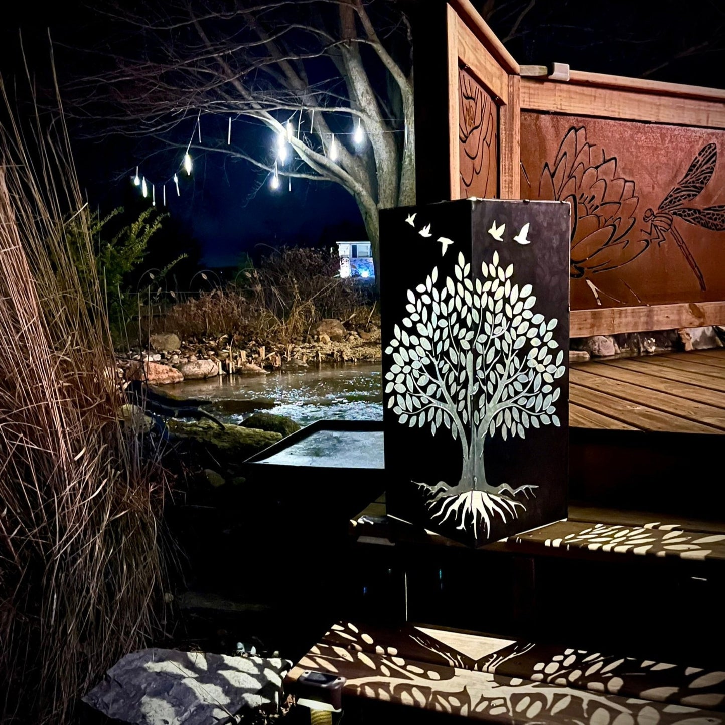 Basswood Tree Steel Luminary Pillar - cabin decor - garden lights - Northern Forge, LLC