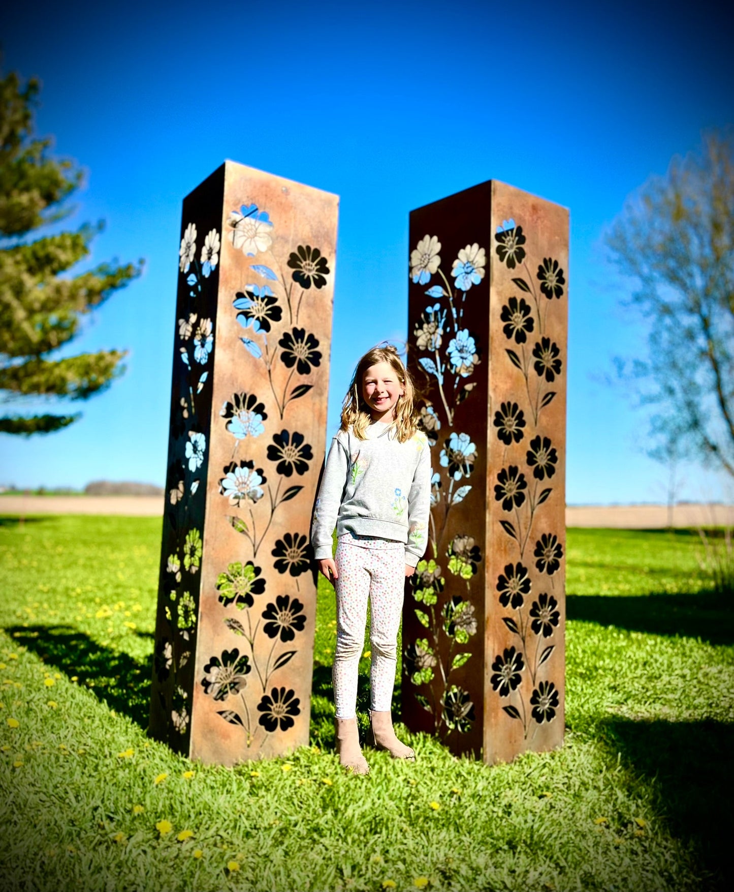 Blooming Magnolias Steel Luminary Pillar | Multiple Sizes - deck lighting - floral pillar - Northern Forge, LLC