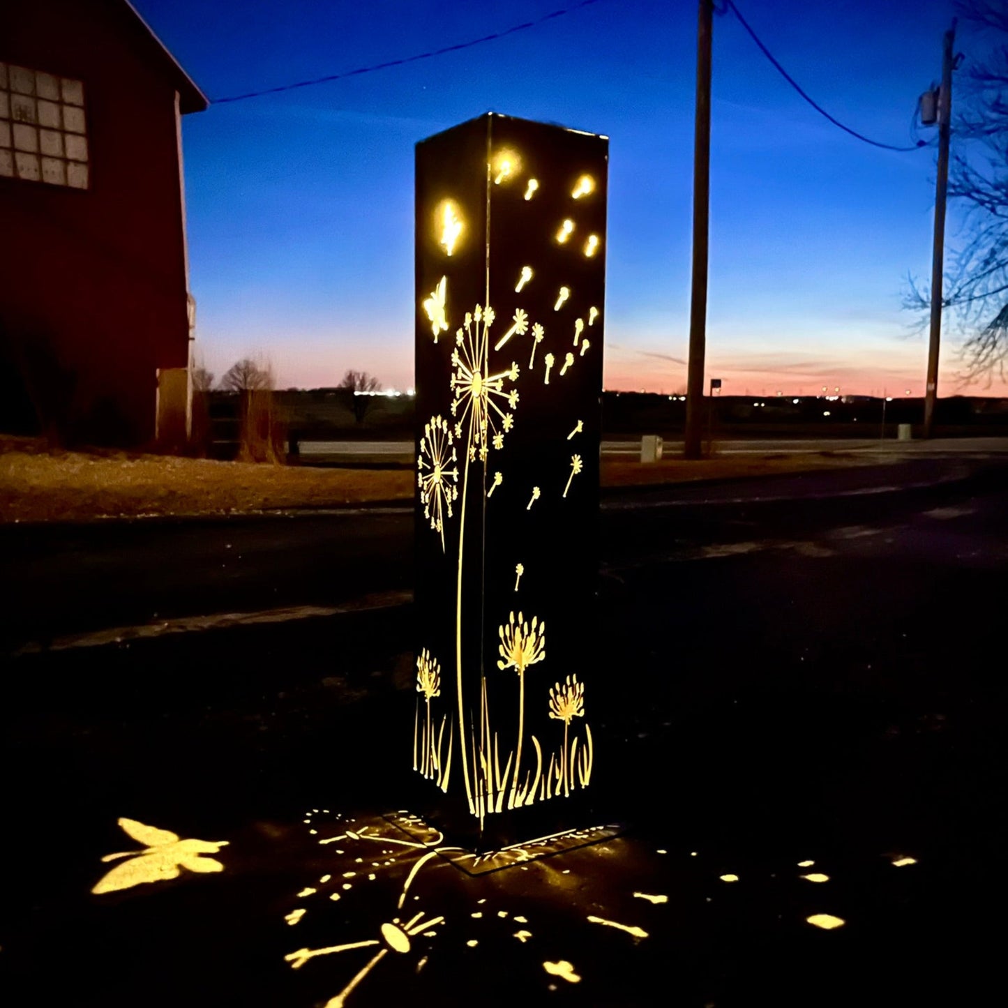 Blowing Dandelions Steel Luminary Pillar | Solar Light - blowing dandelions light - butterflies - Northern Forge, LLC