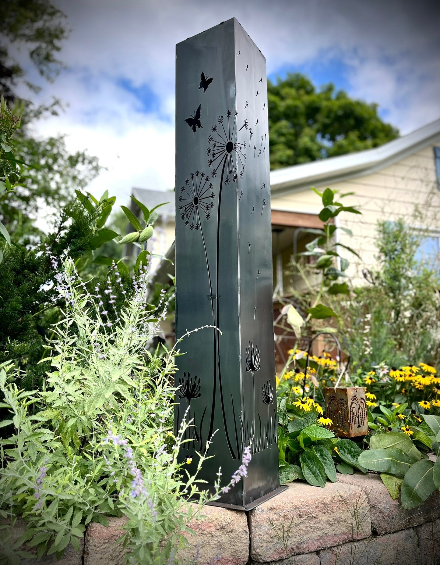 Blowing Dandelions Steel Luminary Pillar | Solar Light - blowing dandelions light - butterflies - Northern Forge, LLC