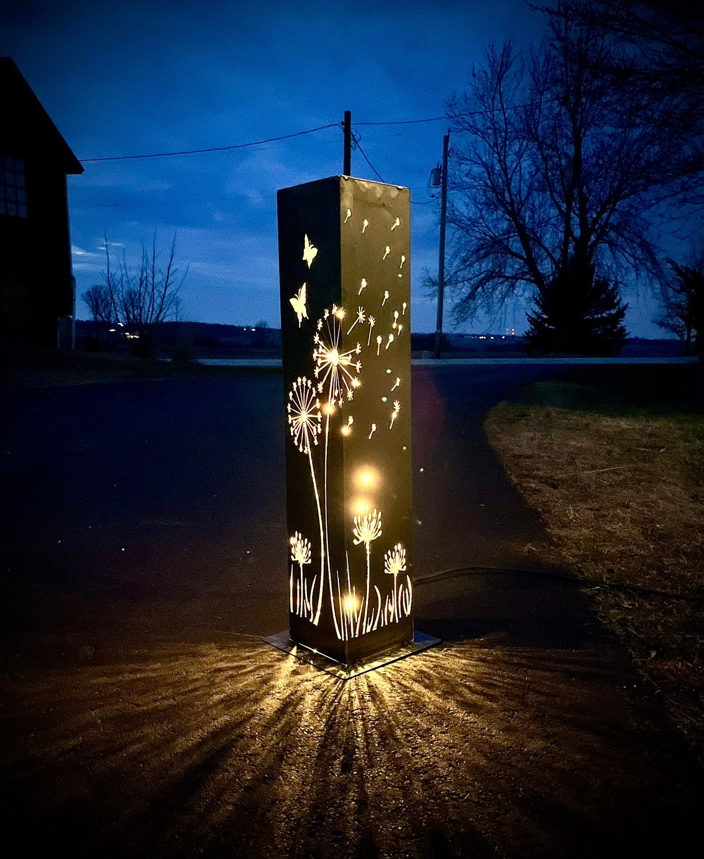 Blowing Dandelions Steel Luminary Pillar | Solar Light - blowing dandelions light - butterflies - Northern Forge, LLC