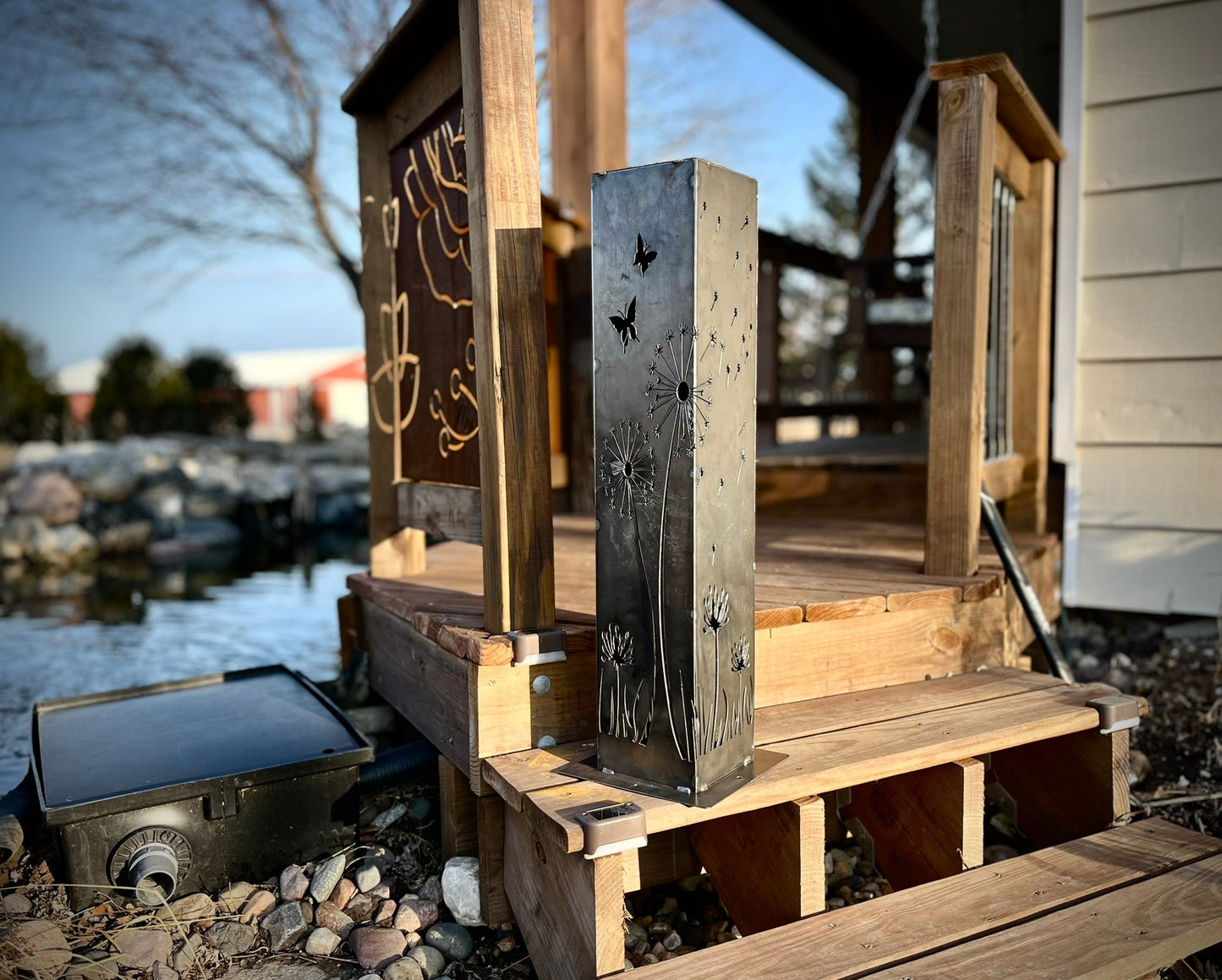 Blowing Dandelions Steel Luminary Pillar | Solar Light - blowing dandelions light - butterflies - Northern Forge, LLC