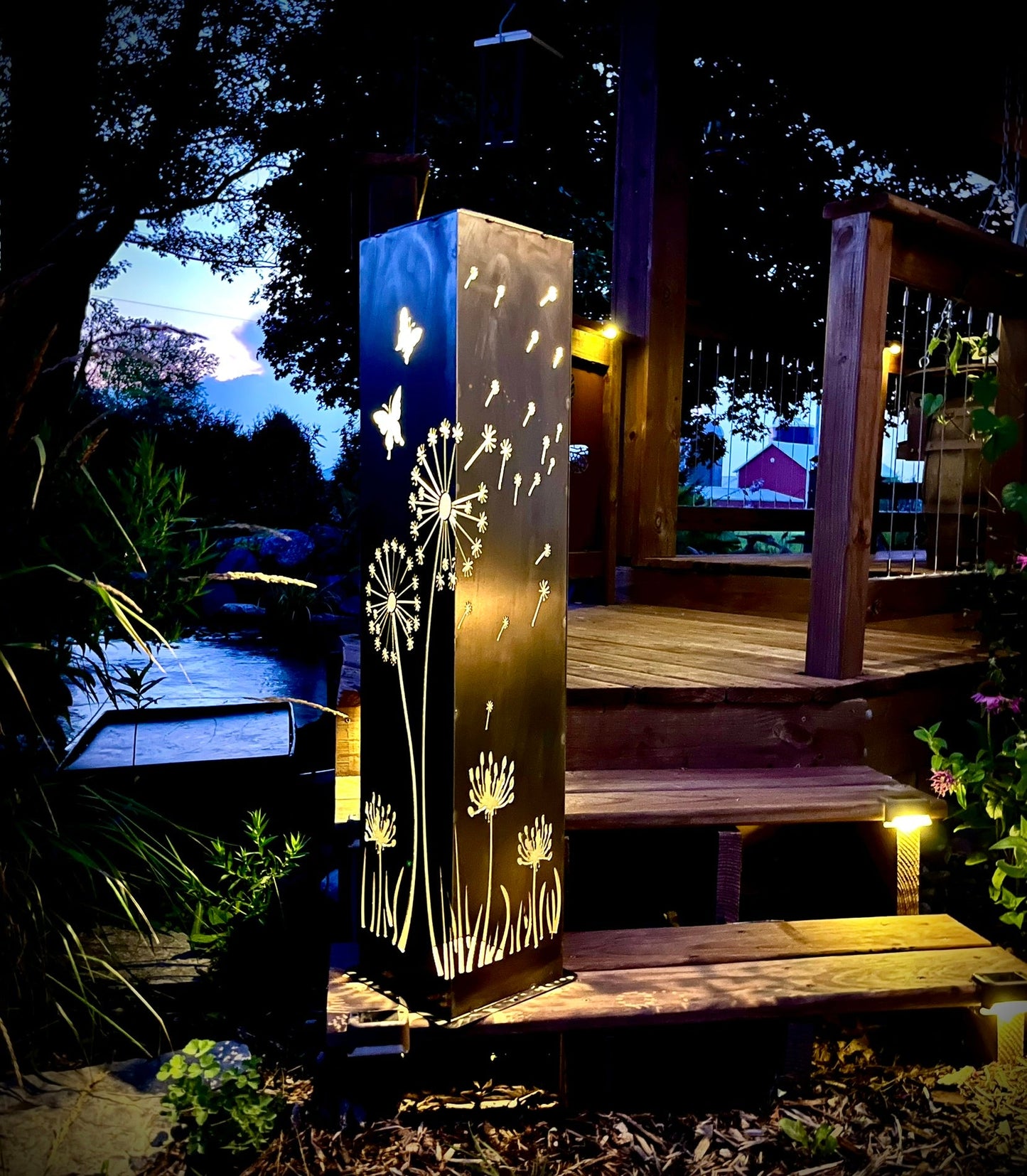 Blowing Dandelions Steel Luminary Pillar | Solar Light - blowing dandelions light - butterflies - Northern Forge, LLC