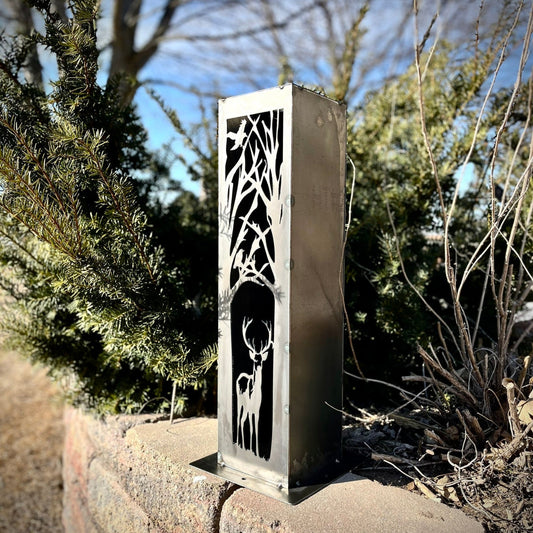 Buck Forest Solar Tube Light - Steel - Multiple Sizes - buck solar lantern - deer garden pillar - Northern Forge, LLC