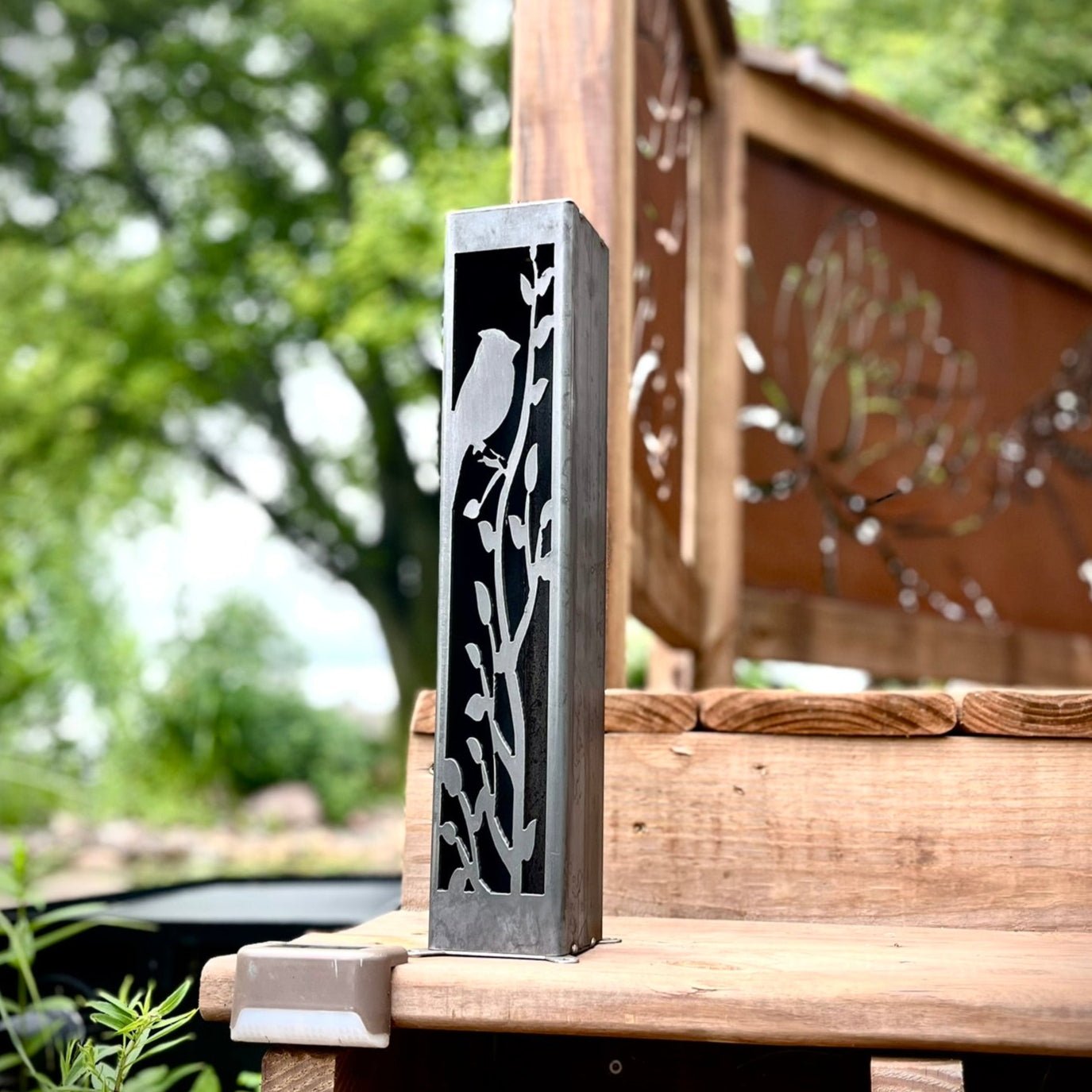 Cardinal at Dusk Luminary Pillar w/ Solar Cap | 16 - inch - bird solar light - birds metal light - Northern Forge, LLC