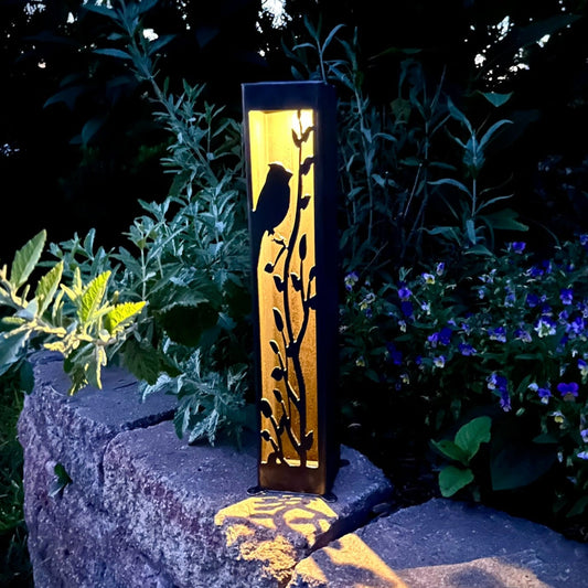 Cardinal at Dusk Luminary Pillar w/ Solar Cap | 16 - inch - bird solar light - birds metal light - Northern Forge, LLC