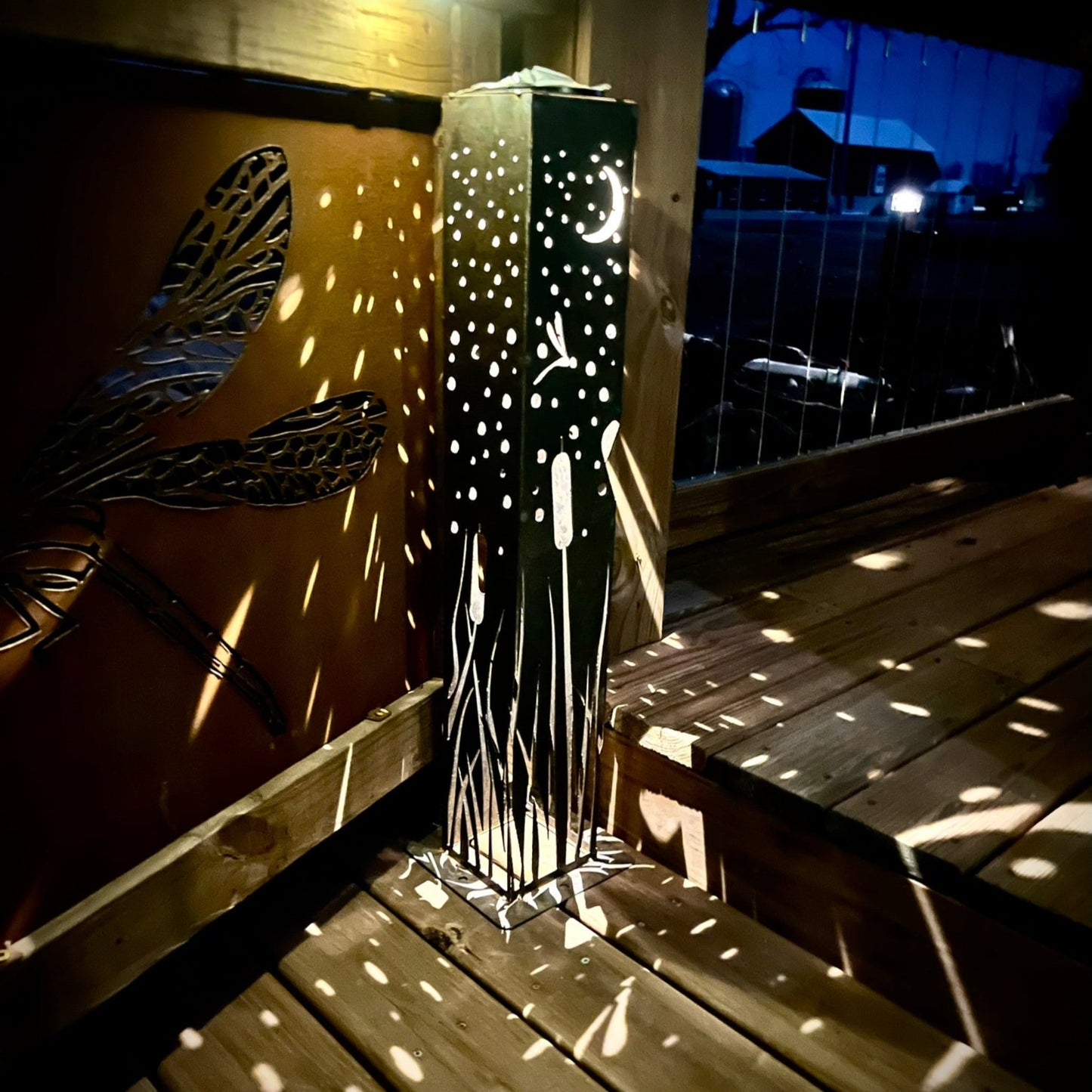 Cattails & Dragonflies Steel Luminary Pillar | Solar Light - cattails luminary - cattails solar light - Northern Forge, LLC
