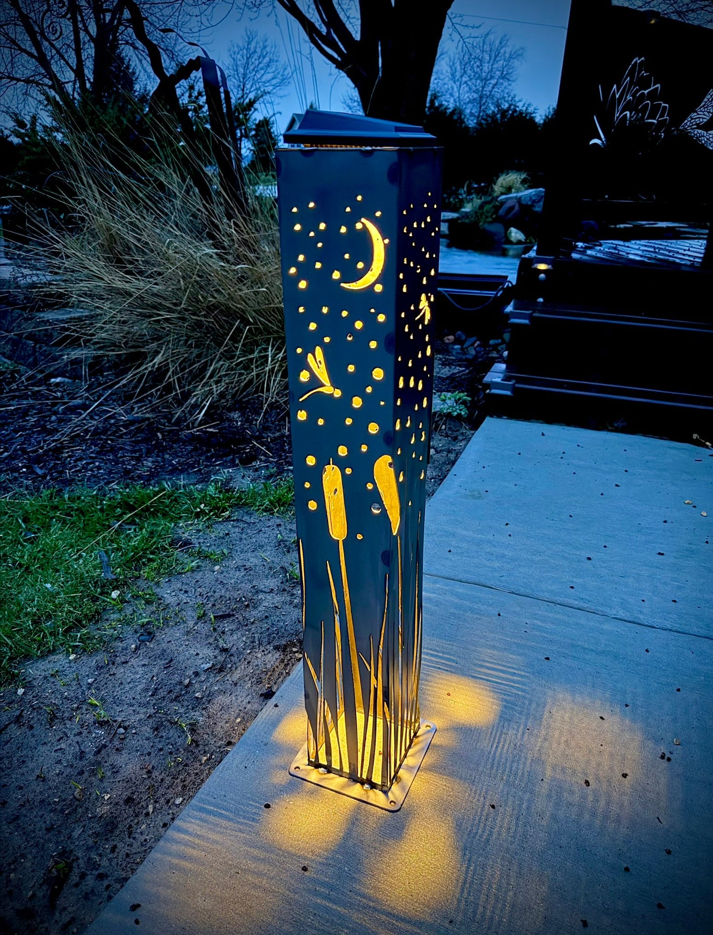 Cattails & Dragonflies Steel Luminary Pillar | Solar Light - cattails luminary - cattails solar light - Northern Forge, LLC
