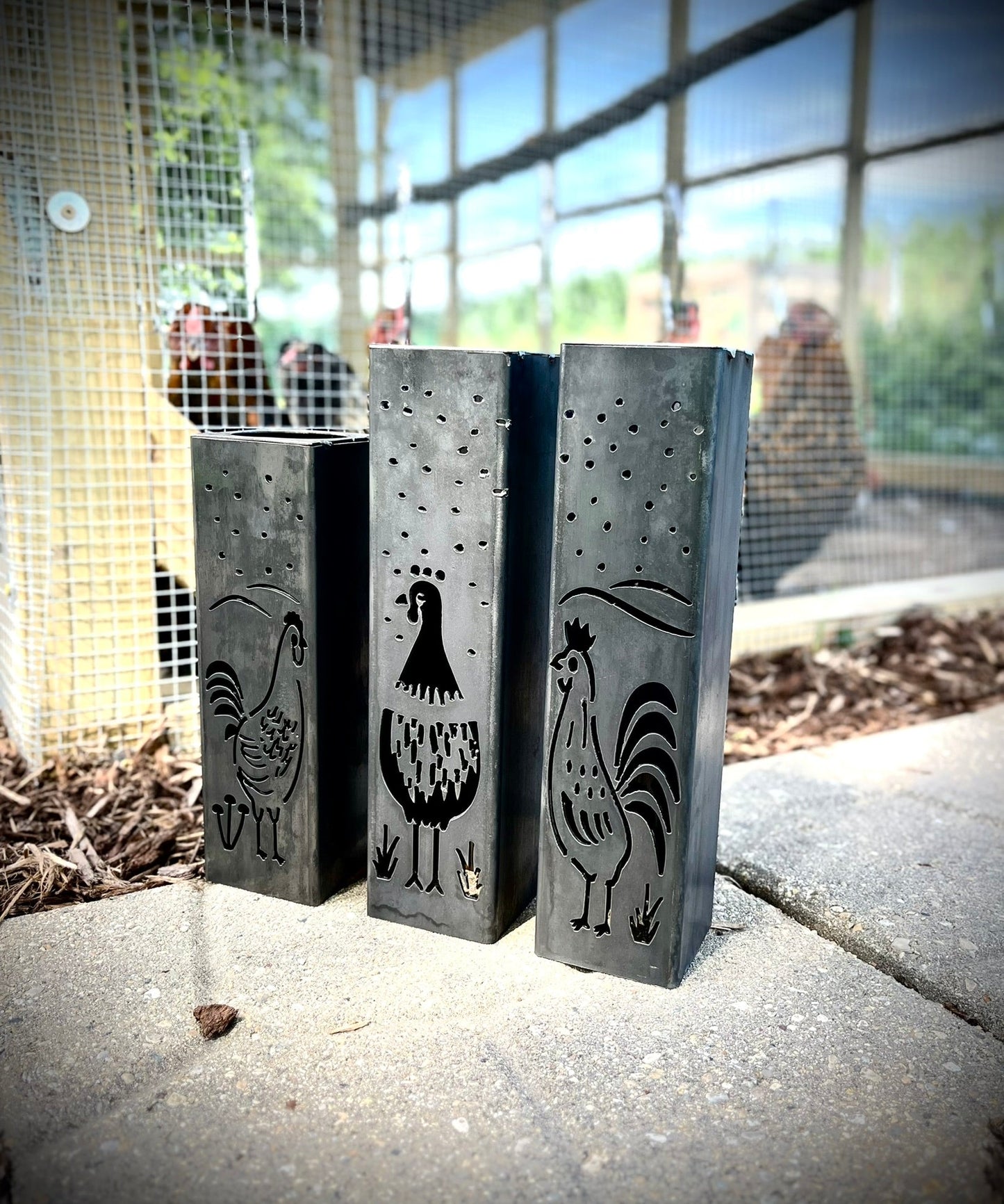 Chicken Coop Trio Rustic Pillar w/ Solar Cap | 10 - inch, 12 - inch, 12 - inch - bird solar light - birds metal light - Northern Forge, LLC