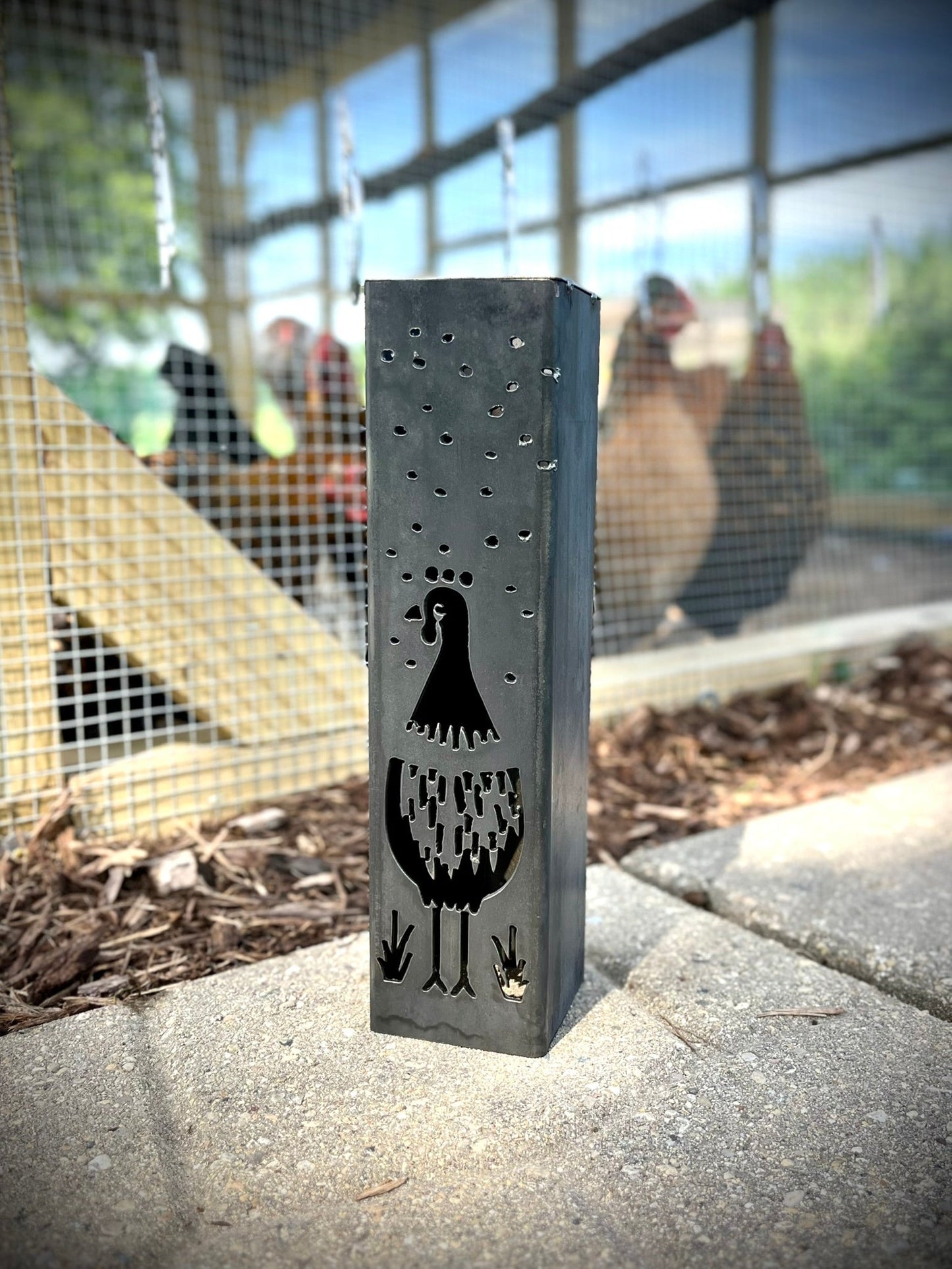 Chicken Coop Trio Rustic Pillar w/ Solar Cap | 10 - inch, 12 - inch, 12 - inch - bird solar light - birds metal light - Northern Forge, LLC
