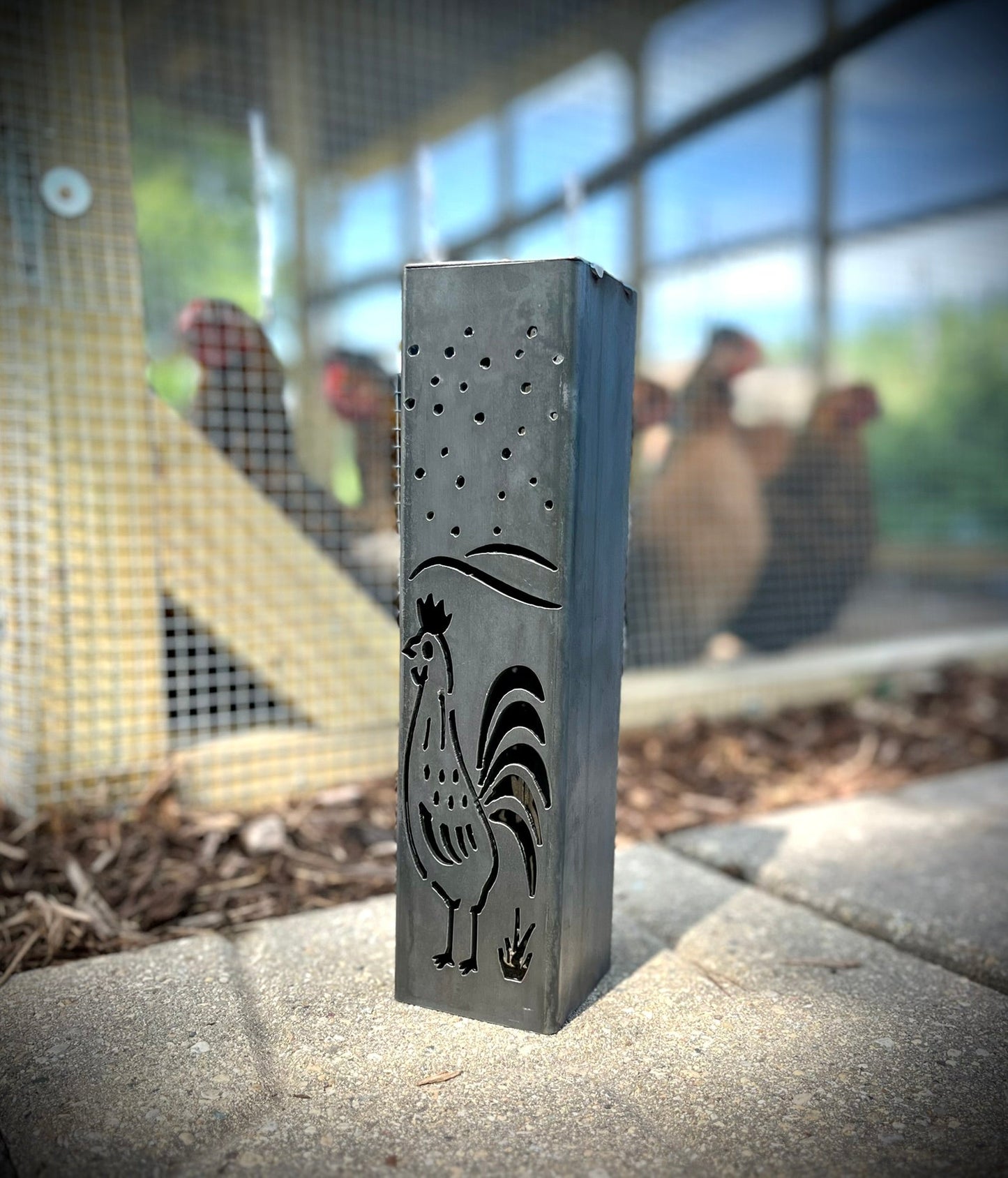 Chicken Coop Trio Rustic Pillar w/ Solar Cap | 10 - inch, 12 - inch, 12 - inch - bird solar light - birds metal light - Northern Forge, LLC