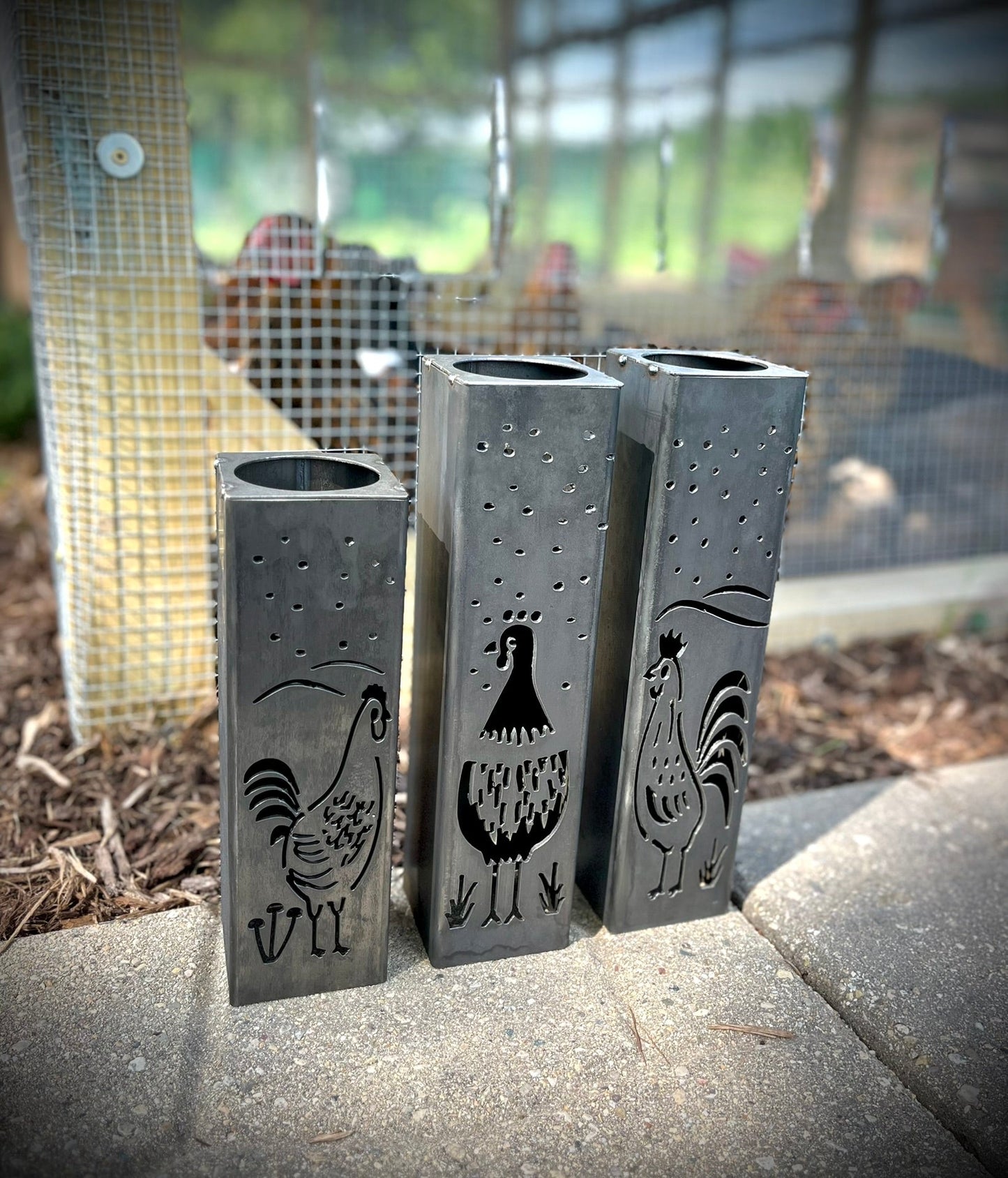 Chicken Coop Trio Rustic Pillar w/ Solar Cap | 10 - inch, 12 - inch, 12 - inch - bird solar light - birds metal light - Northern Forge, LLC