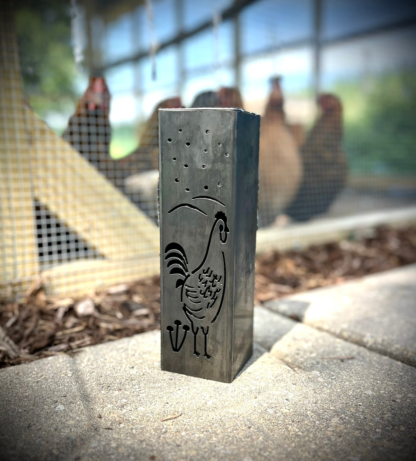 Chicken Coop Trio Rustic Pillar w/ Solar Cap | 10 - inch, 12 - inch, 12 - inch - bird solar light - birds metal light - Northern Forge, LLC