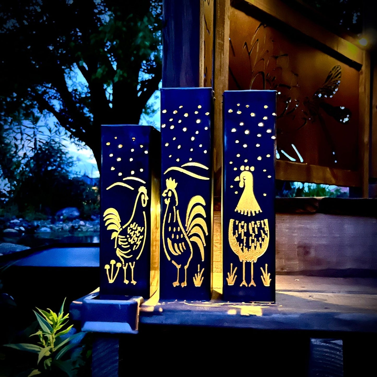 Chicken Coop Trio Rustic Pillar w/ Solar Cap | 10 - inch, 12 - inch, 12 - inch - bird solar light - birds metal light - Northern Forge, LLC