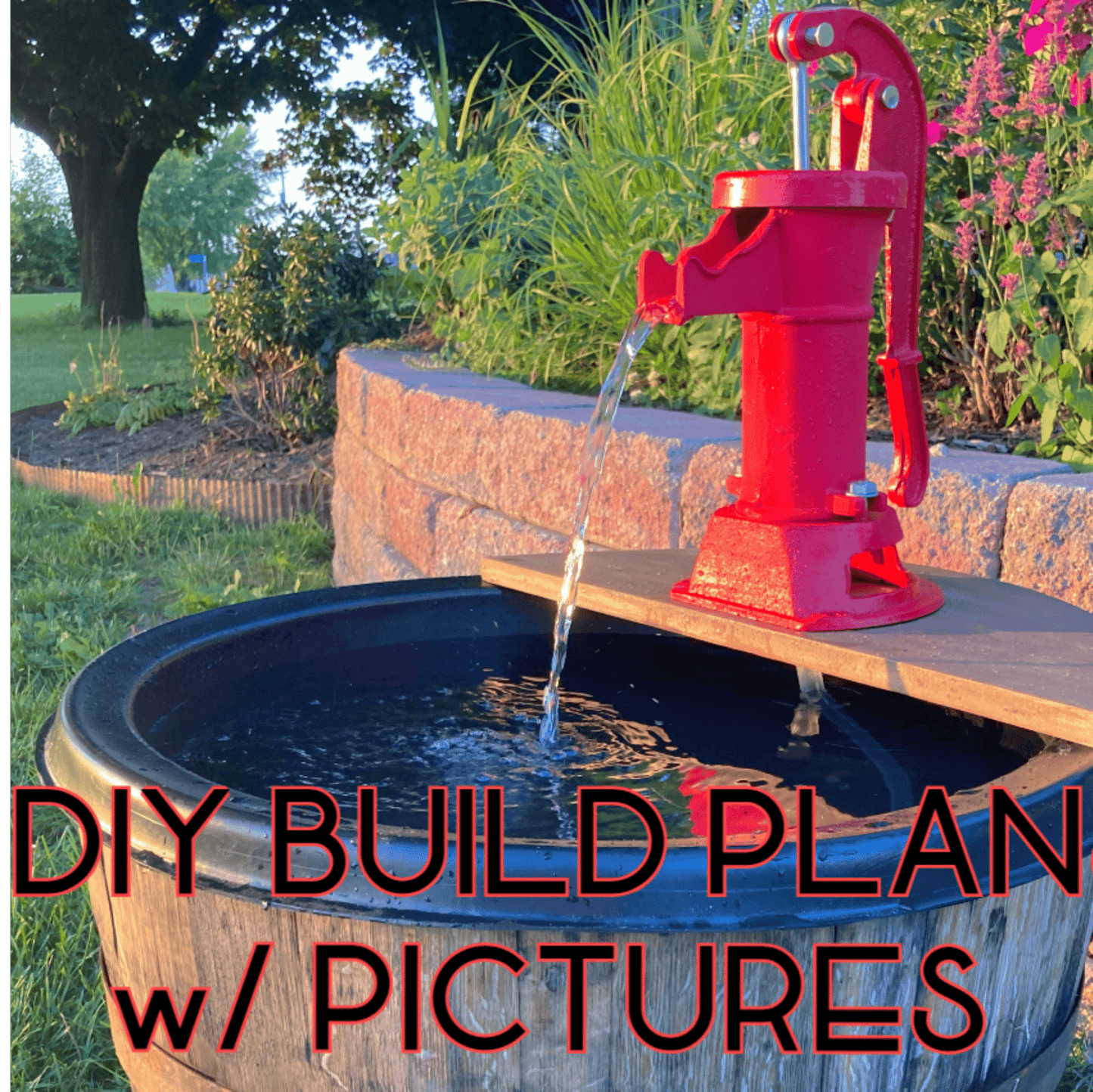 DIY Build Plans for Whiskey Barrel Patio Pond with Rustic Hand Pump Fountain - PDF - Build Plans - build your own planter - Northern Forge, LLC