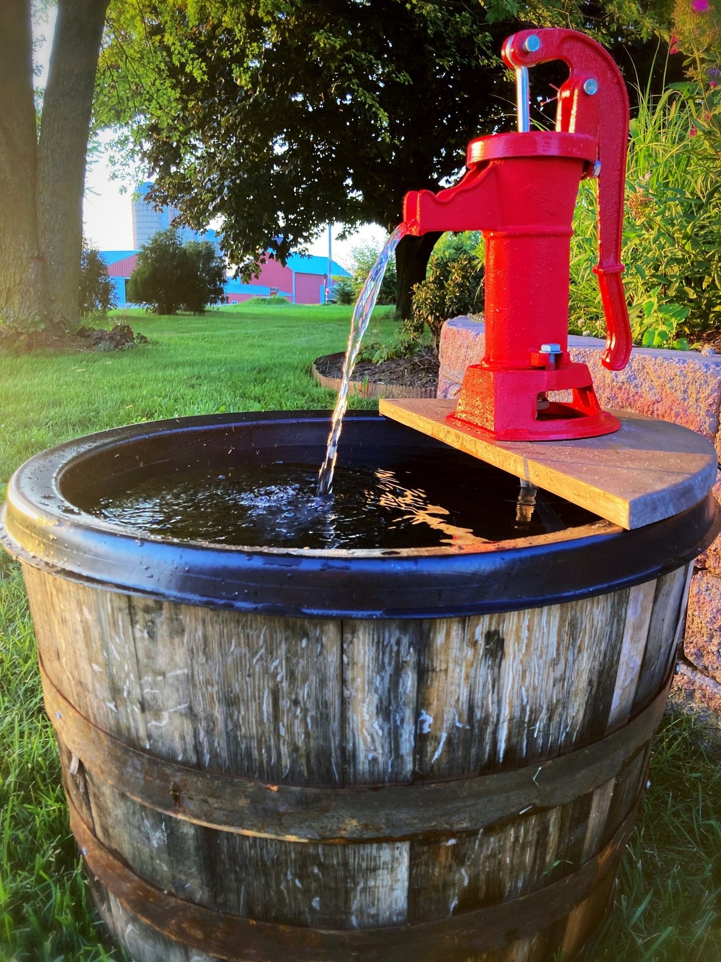 DIY Build Plans for Whiskey Barrel Patio Pond with Rustic Hand Pump Fountain - PDF - Build Plans - build your own planter - Northern Forge, LLC
