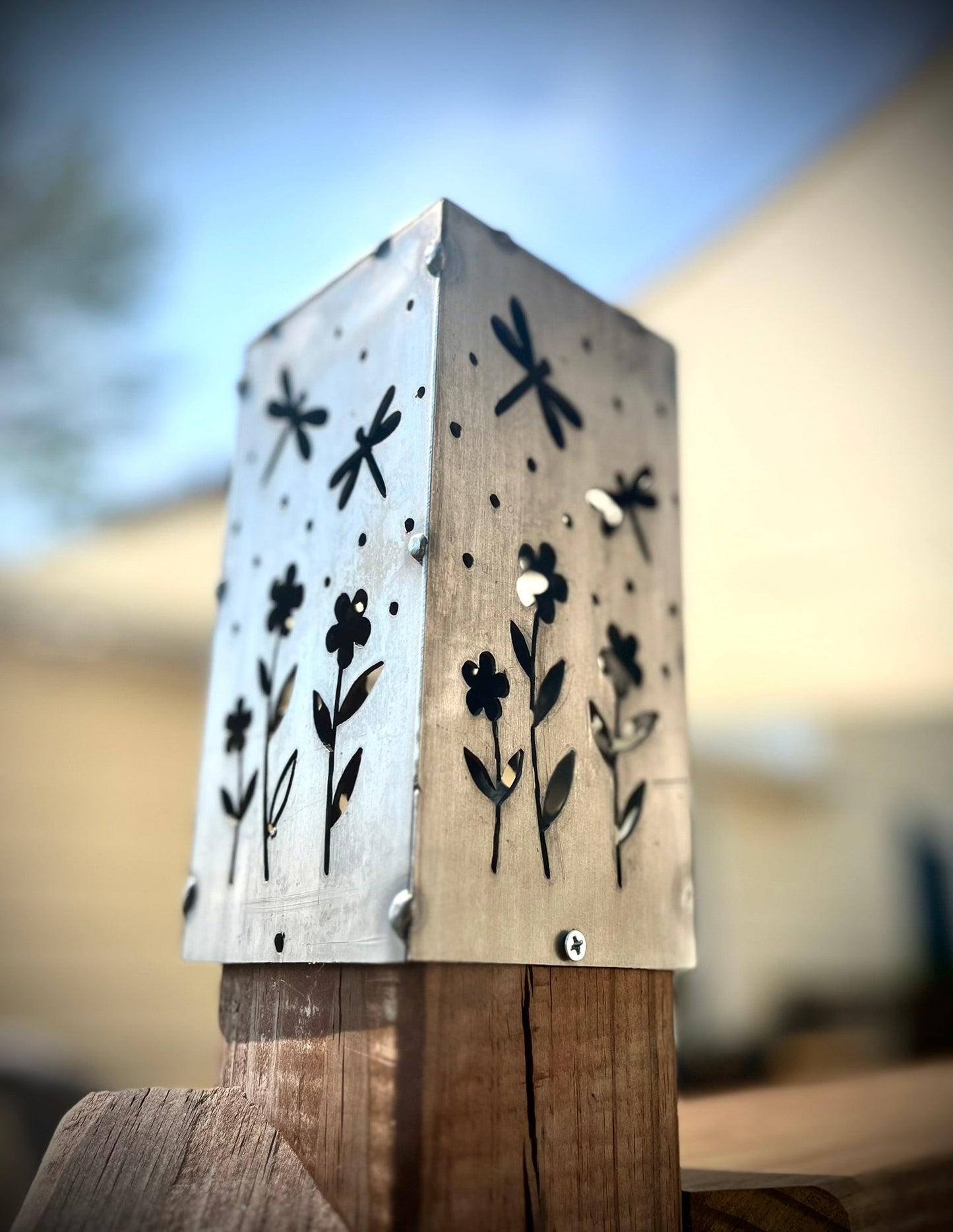Dragonflies Steel Solar Post Cap | 4x4 Posts - 4x4 post light topper - accent lights - Northern Forge, LLC