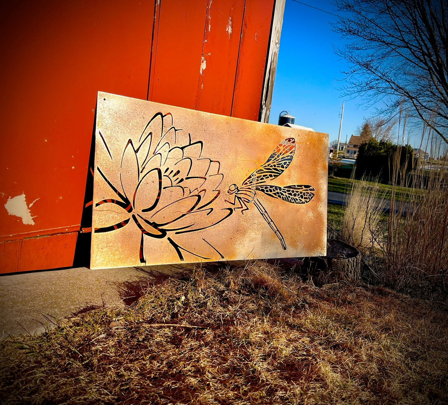 Dragonfly Lotus Steel Wall Art - Corten Available - corten dragonfly - dragonfly privacy panel - Northern Forge, LLC