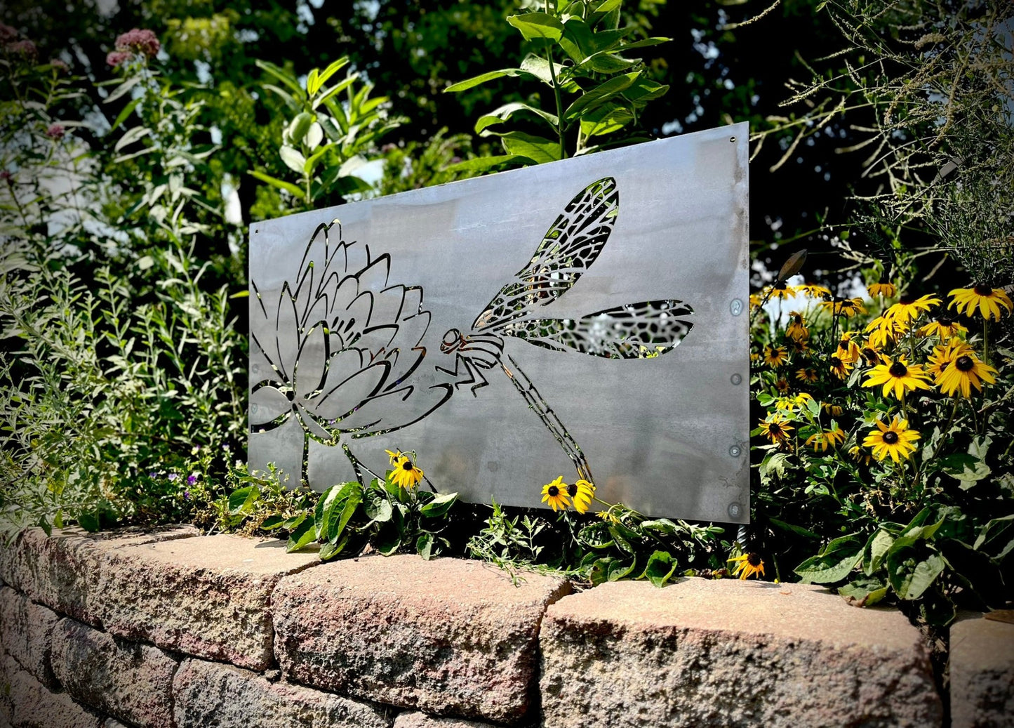 Dragonfly Lotus Steel Wall Art | Garden Panel - corten dragonfly - dragonfly garden panel - Northern Forge, LLC