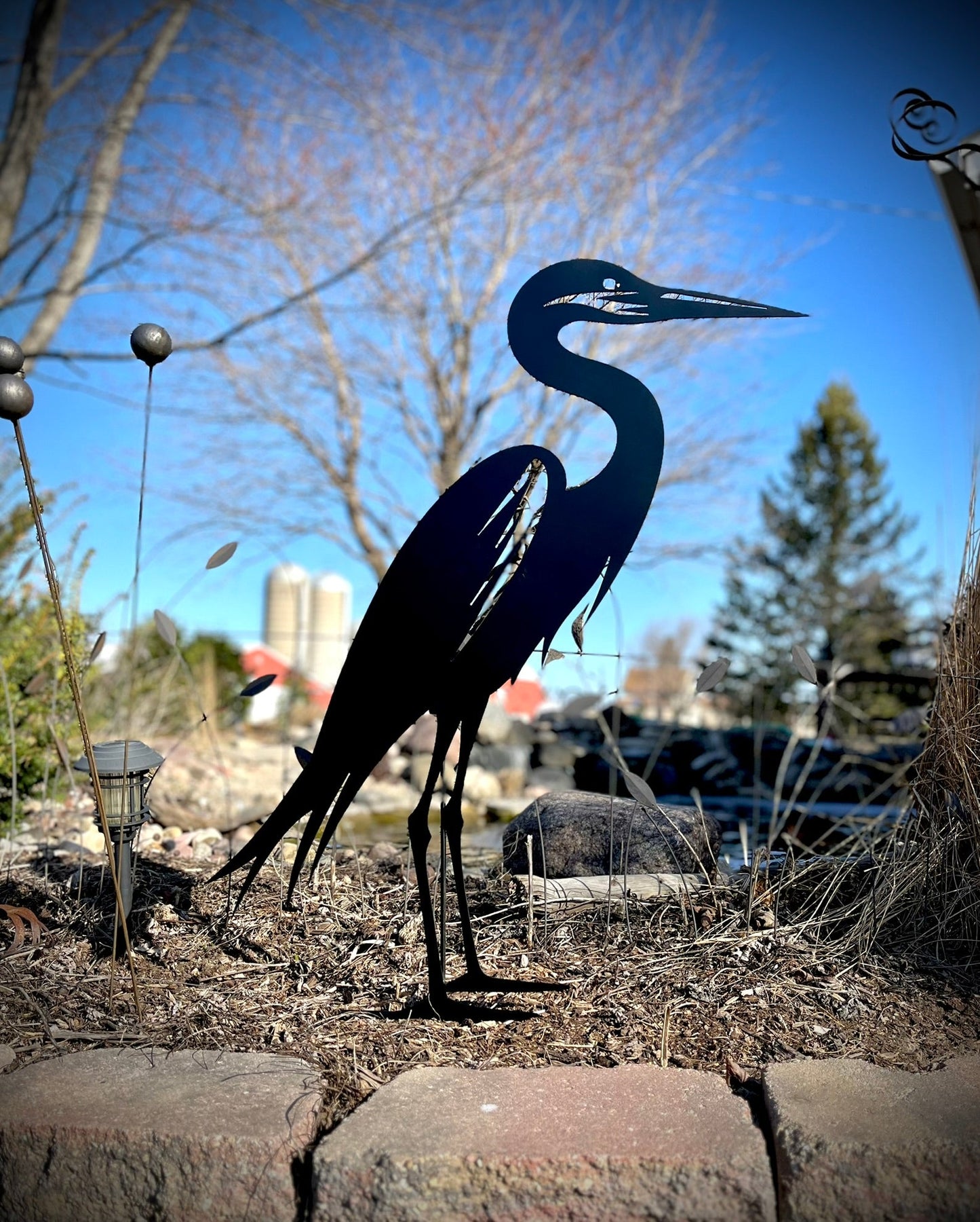 Elegant Blue Heron Yard Stake | Steel - farm art - garden - Northern Forge, LLC