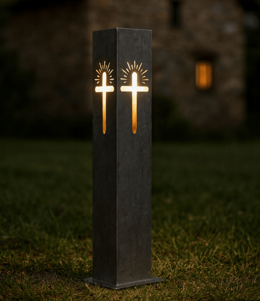 Eternal Light Solar Pillar - Steel Cross - cemetery solar light - christmas - Northern Forge, LLC