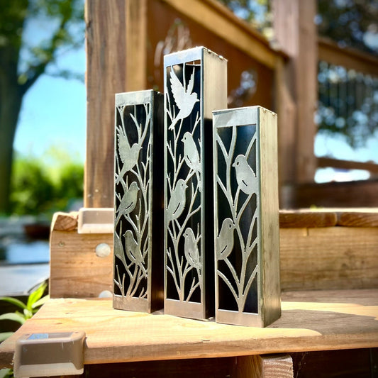 Evening Aviary Luminary Pillar w/ Solar Cap | 12 - inch, 14 - inch, 16 - inch - bird solar light - birds metal light - Northern Forge, LLC