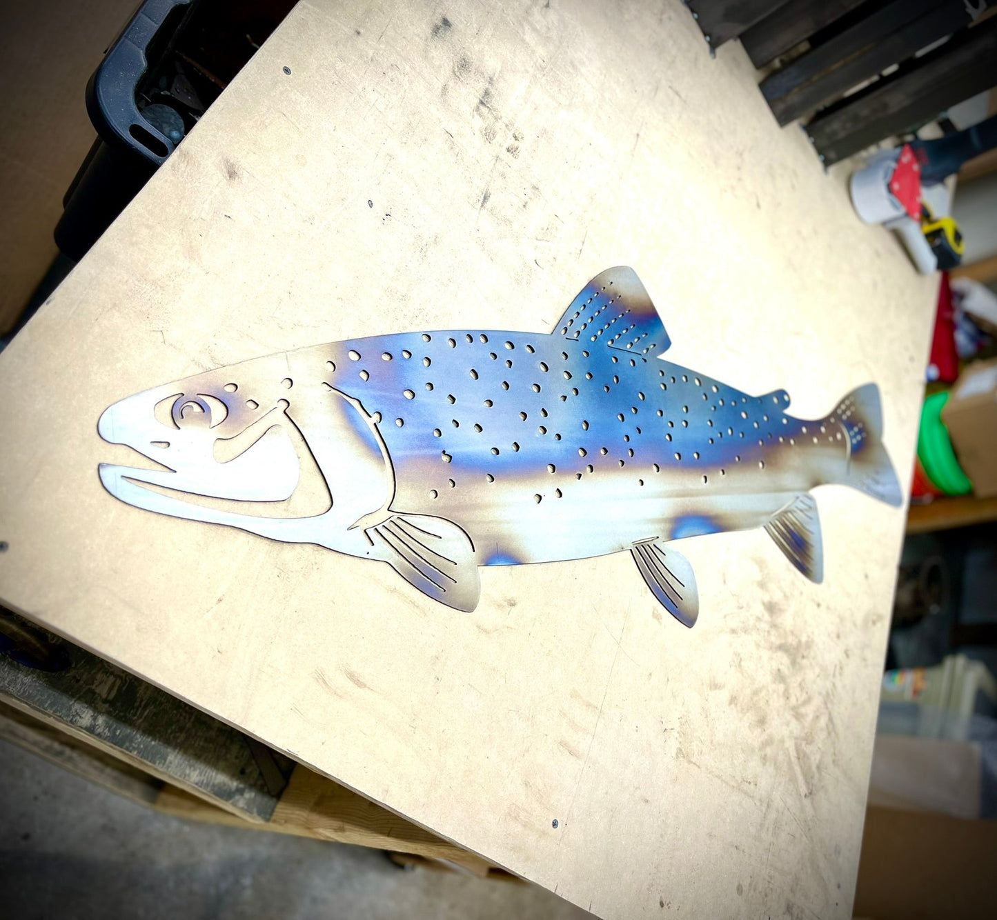 Flame Painted Steel Rainbow Trout - cabin sign - fish - Northern Forge, LLC