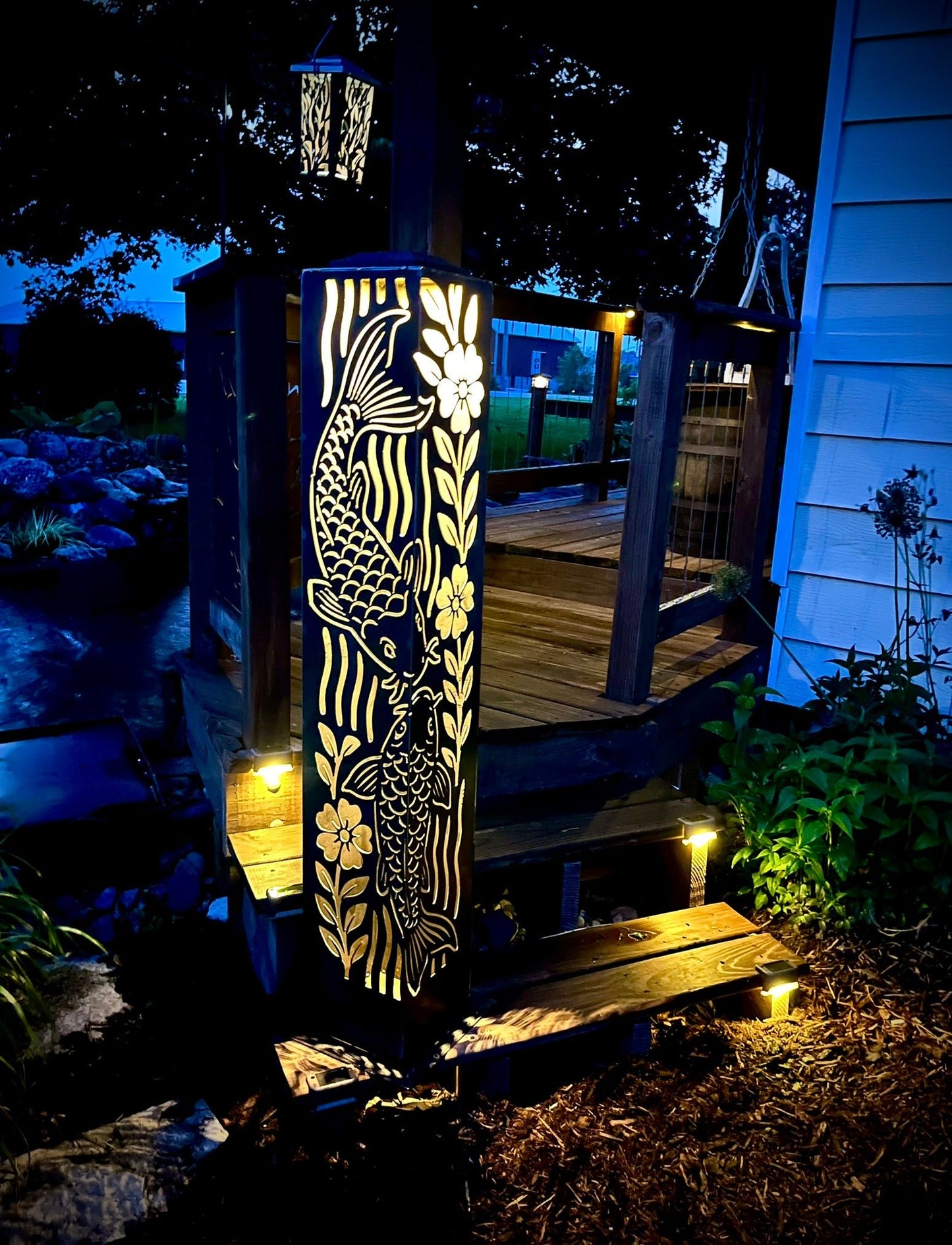Floral Koi Steel Luminary Pillar | Multiple Sizes | Corten Available - corten pillar - corten steel light - Northern Forge, LLC