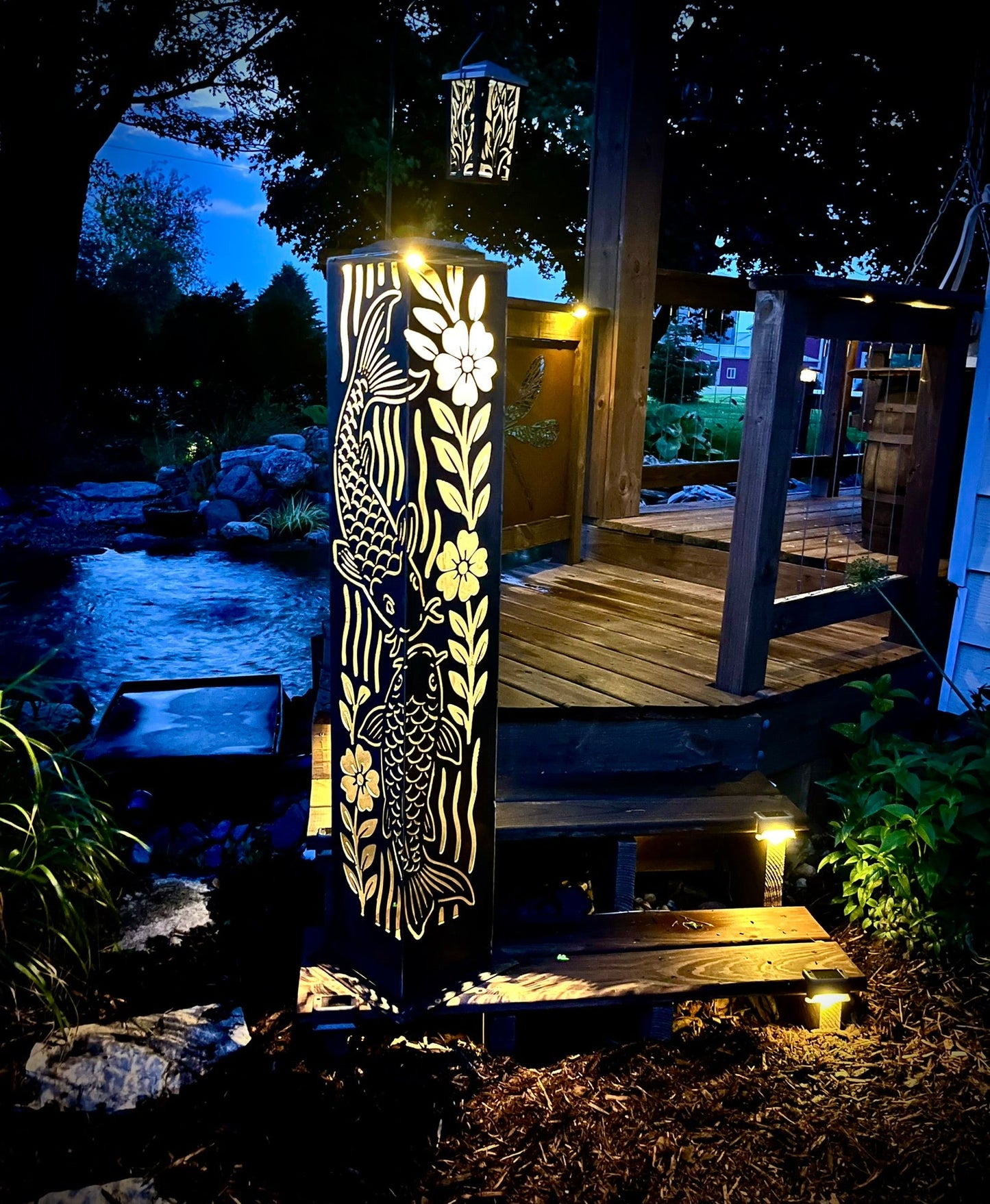 Floral Koi Steel Luminary Pillar | Multiple Sizes | Corten Available - corten pillar - corten steel light - Northern Forge, LLC