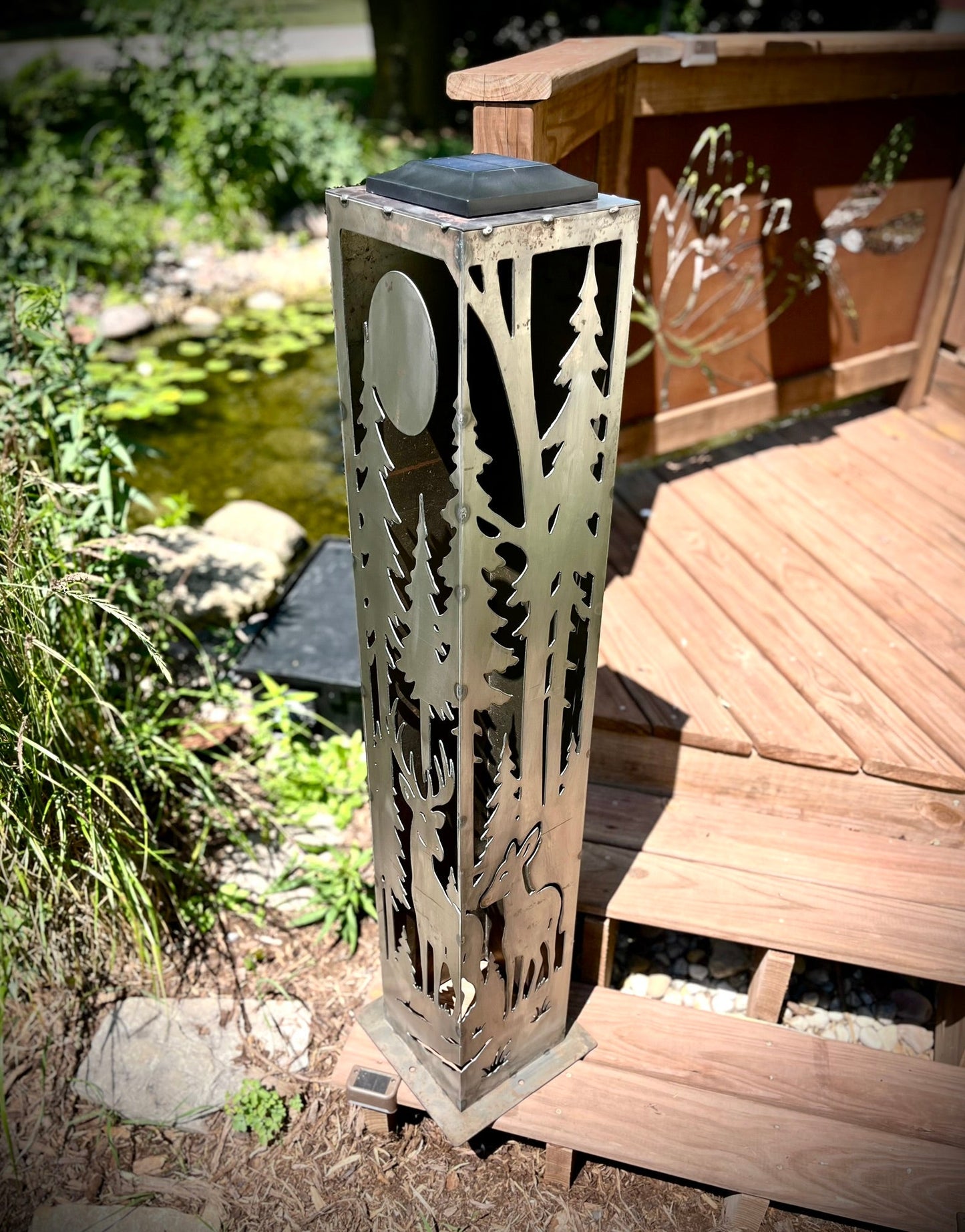 Forest Deer Corner Solar Pillar - Steel - corten pillar - deer solar light - Northern Forge, LLC