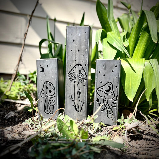 Fungi Solar Tube Lights - Steel Mushroom Lights - funny mushroom decor - landscape lighting - Northern Forge, LLC