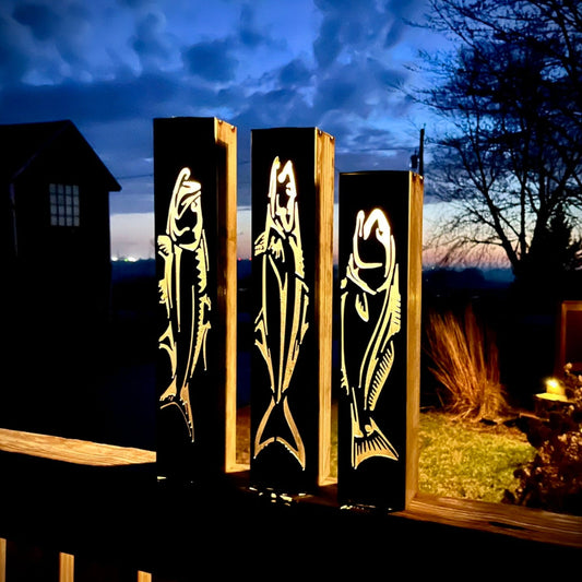 Gone Fishing Pillar Luminary w/ Solar Cap | Saltwater Pack - fish pillars - fish solar lights - Northern Forge, LLC