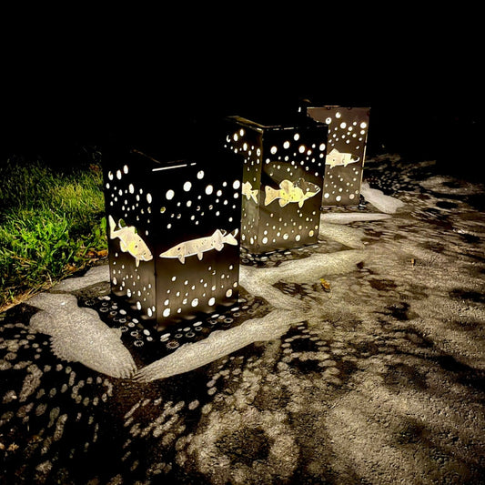 Hanging Fish Steel Solar Lantern | 12 in. - accent lights - fish garden decor - Northern Forge, LLC