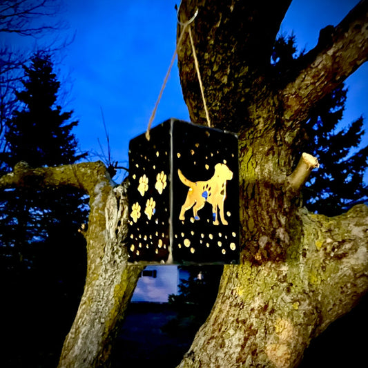 Hanging Labrador Steel Solar Cube | 6.5 in. - accent lights - dog memorial - Northern Forge, LLC