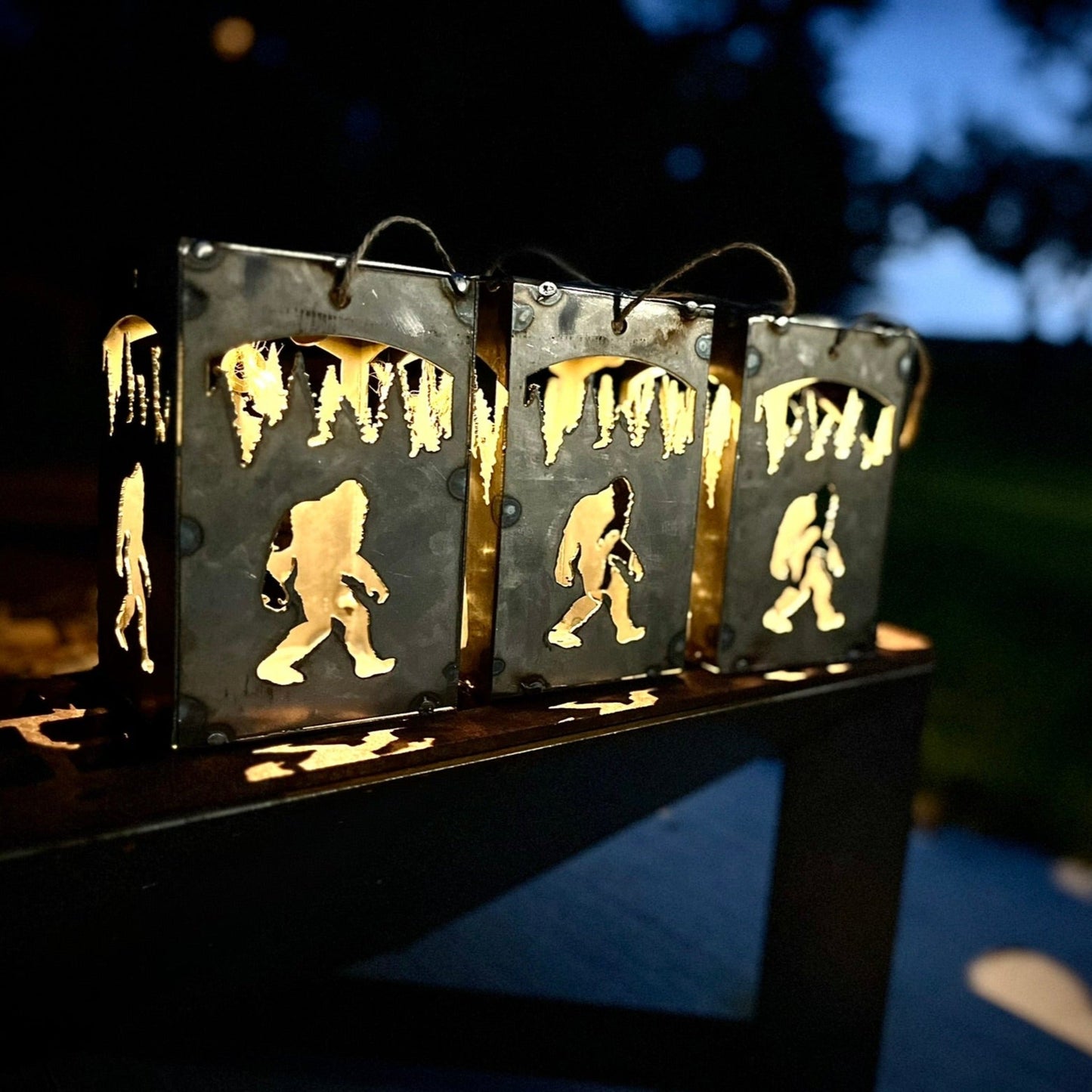 Hanging Sasquatch Steel Solar Cube | 6.5 in. - accent lights - bigfoot light - Northern Forge, LLC