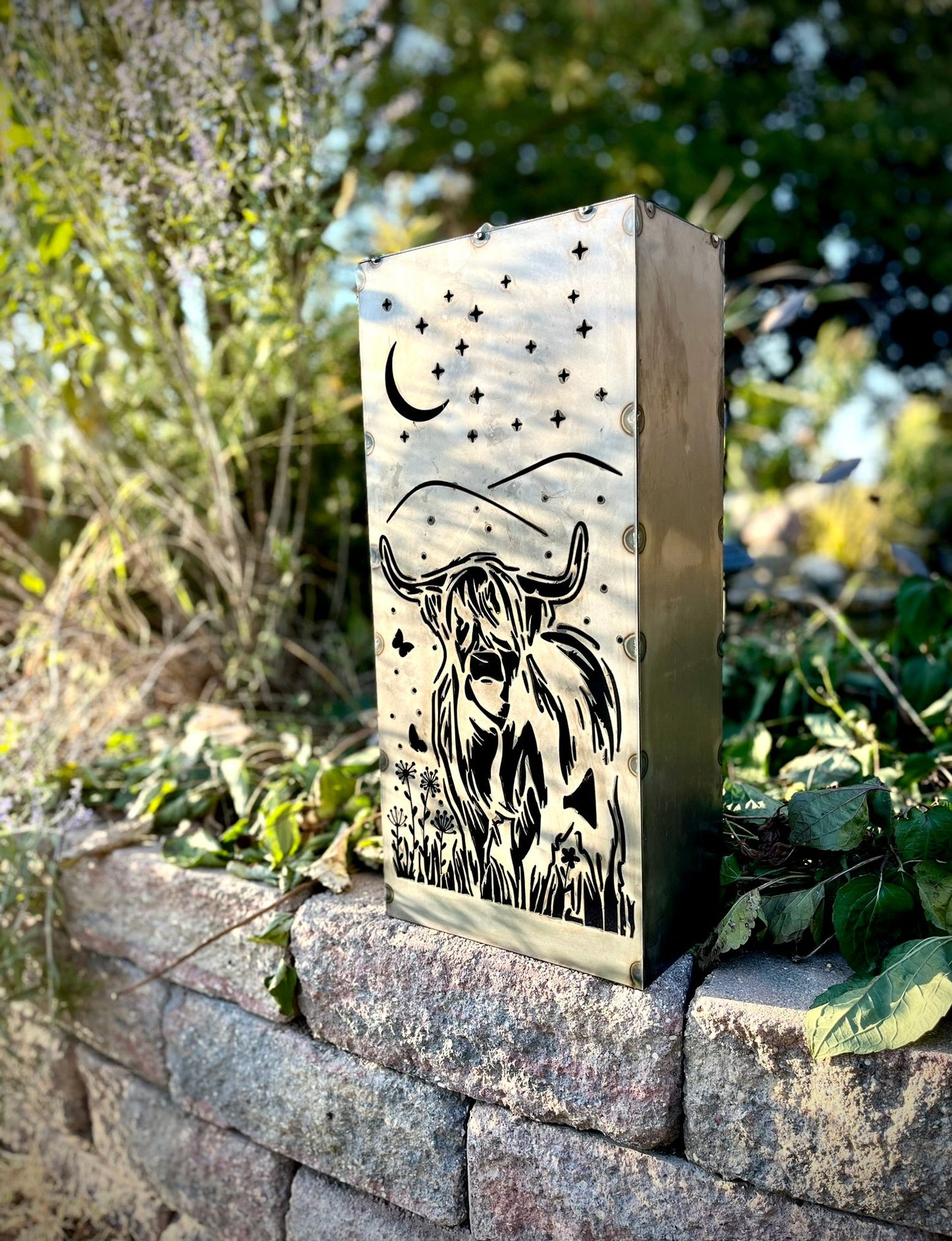 Highland Cow Solar Luminary Pillar - Steel - Multiple Sizes - cow garden pillar - cow solar light - Northern Forge, LLC