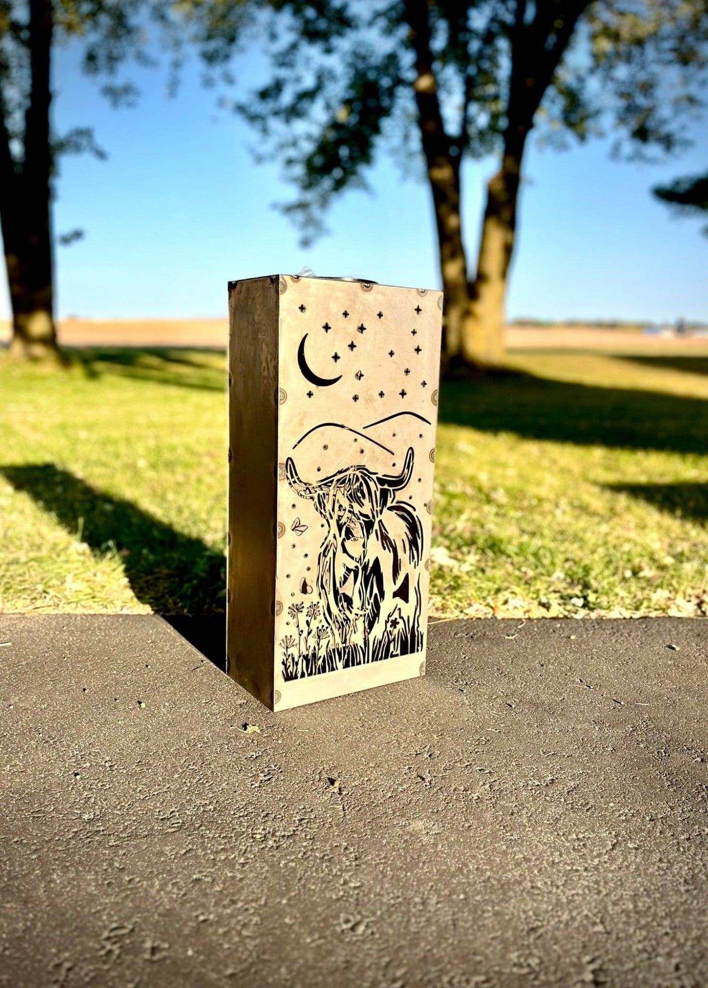 Highland Cow Solar Luminary Pillar - Steel - Multiple Sizes - cow garden pillar - cow solar light - Northern Forge, LLC