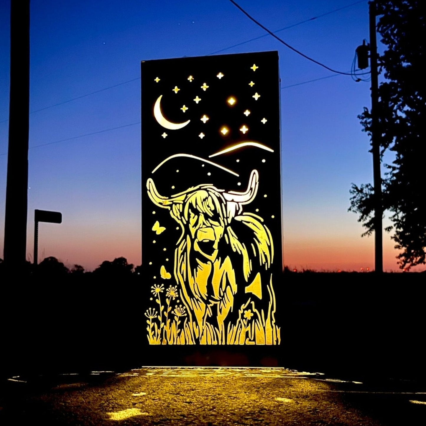 Highland Cow Solar Luminary Pillar - Steel - Multiple Sizes - cow garden pillar - cow solar light - Northern Forge, LLC