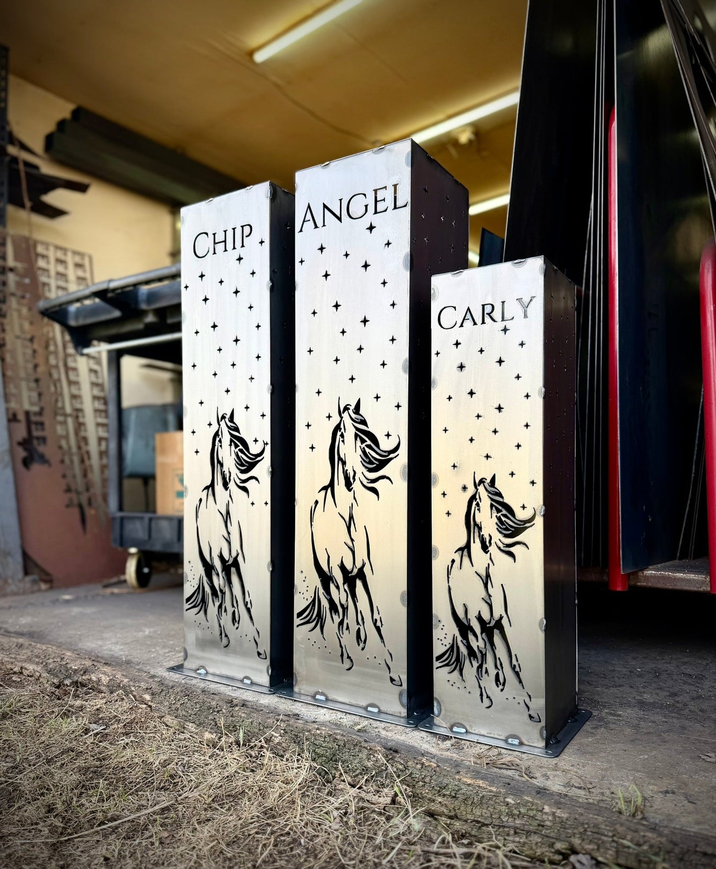 Horse & Stars Solar Pillar Luminary - Steel - horse grave - horse gravestone - Northern Forge, LLC