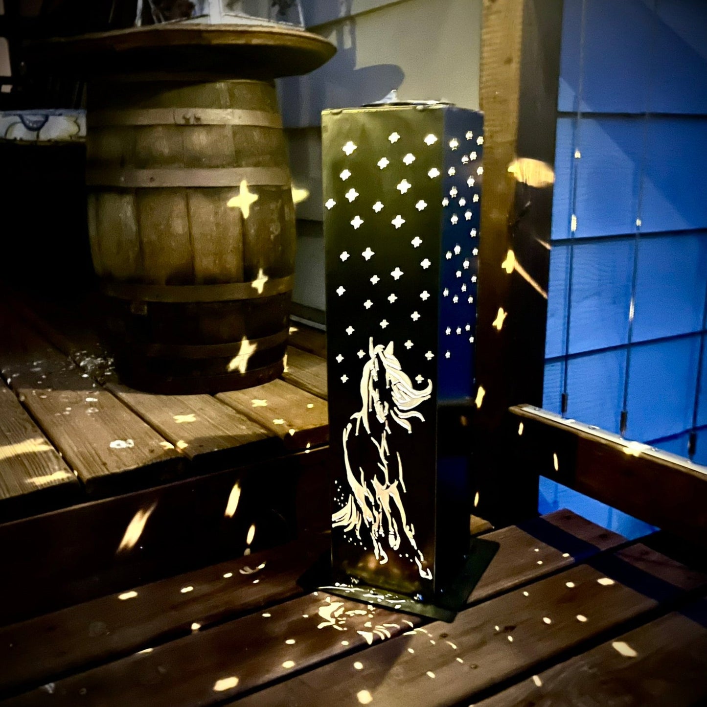 Horse & Stars Solar Pillar Luminary - Steel - horse light - horse metal art - Northern Forge, LLC
