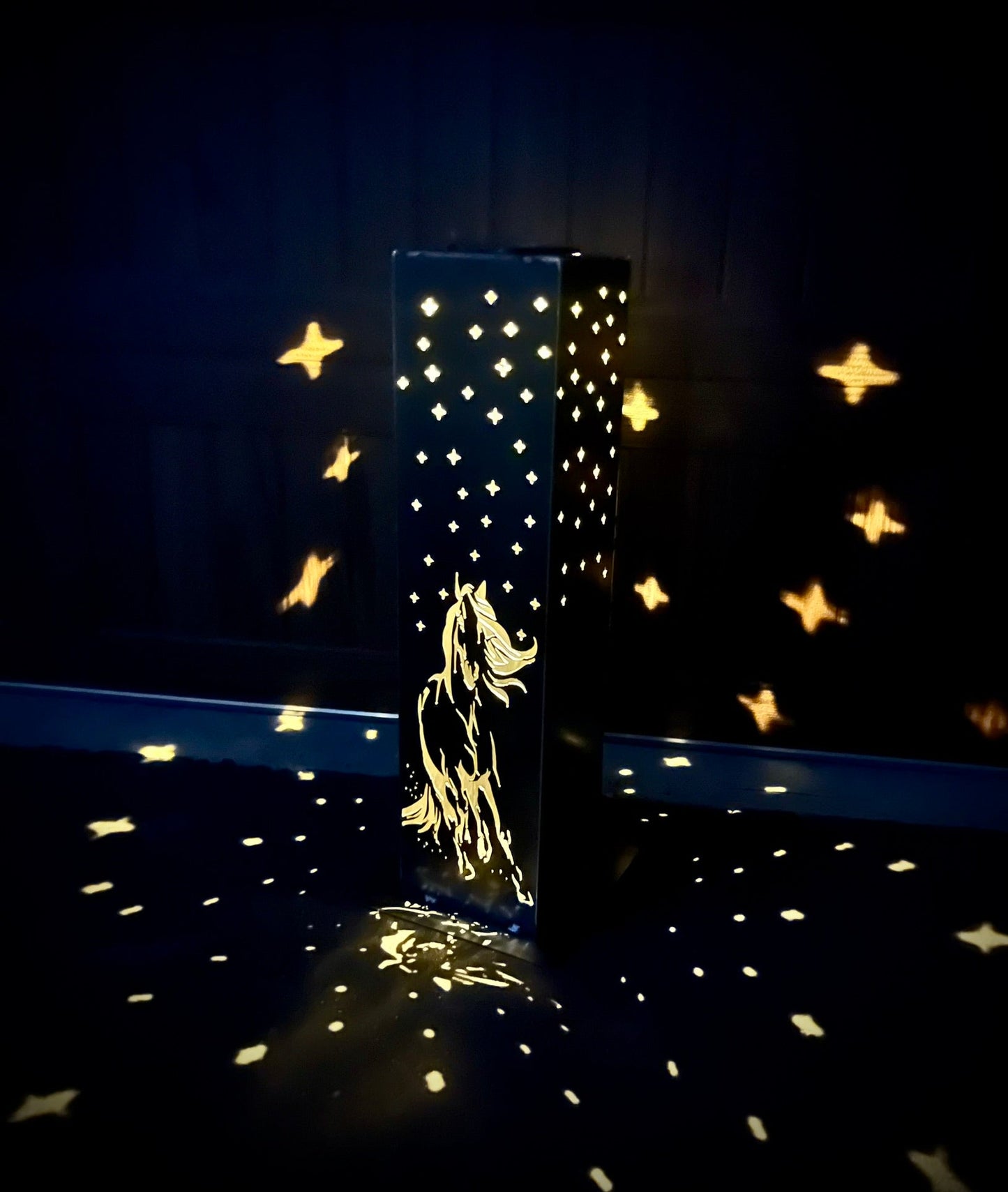 Horse & Stars Solar Pillar Luminary - Steel - horse light - horse metal art - Northern Forge, LLC