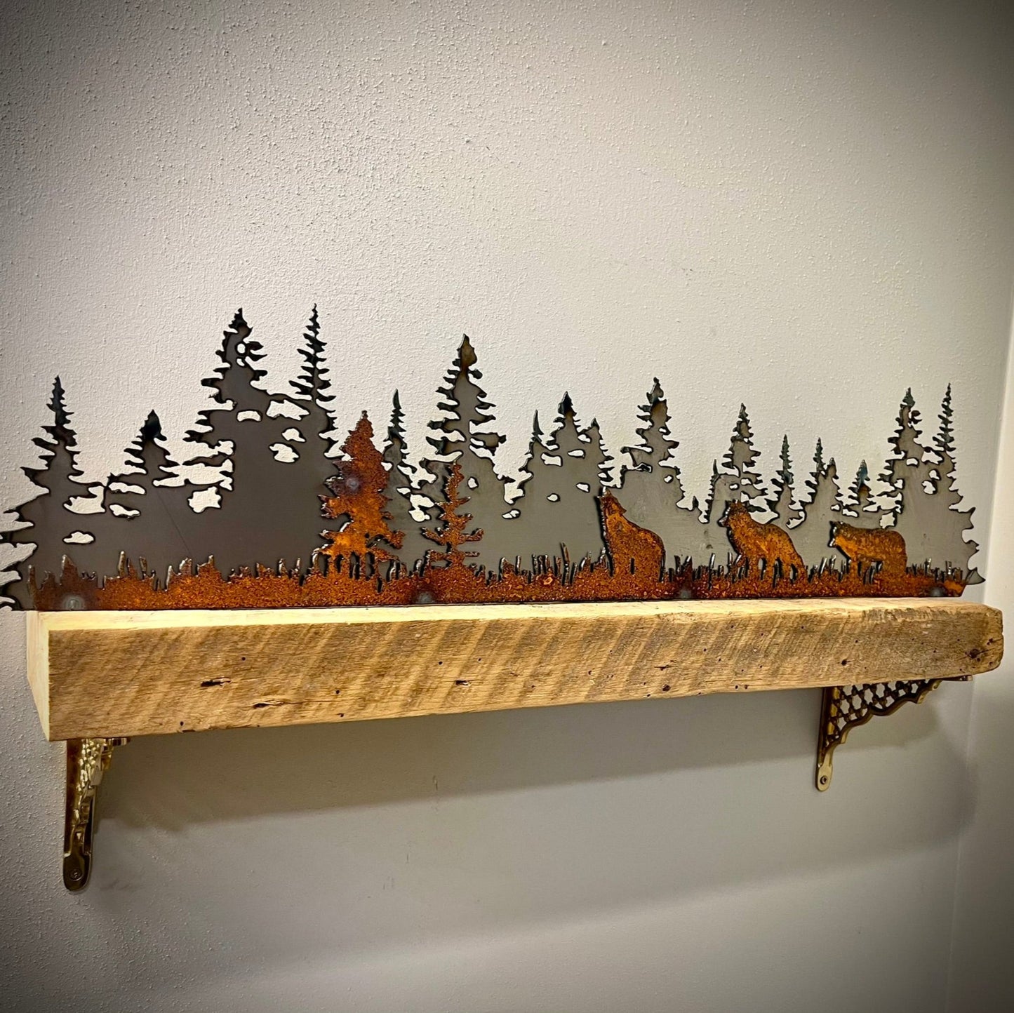 Layered Steel Pine Forest with Wolves - home - home decor - Northern Forge, LLC
