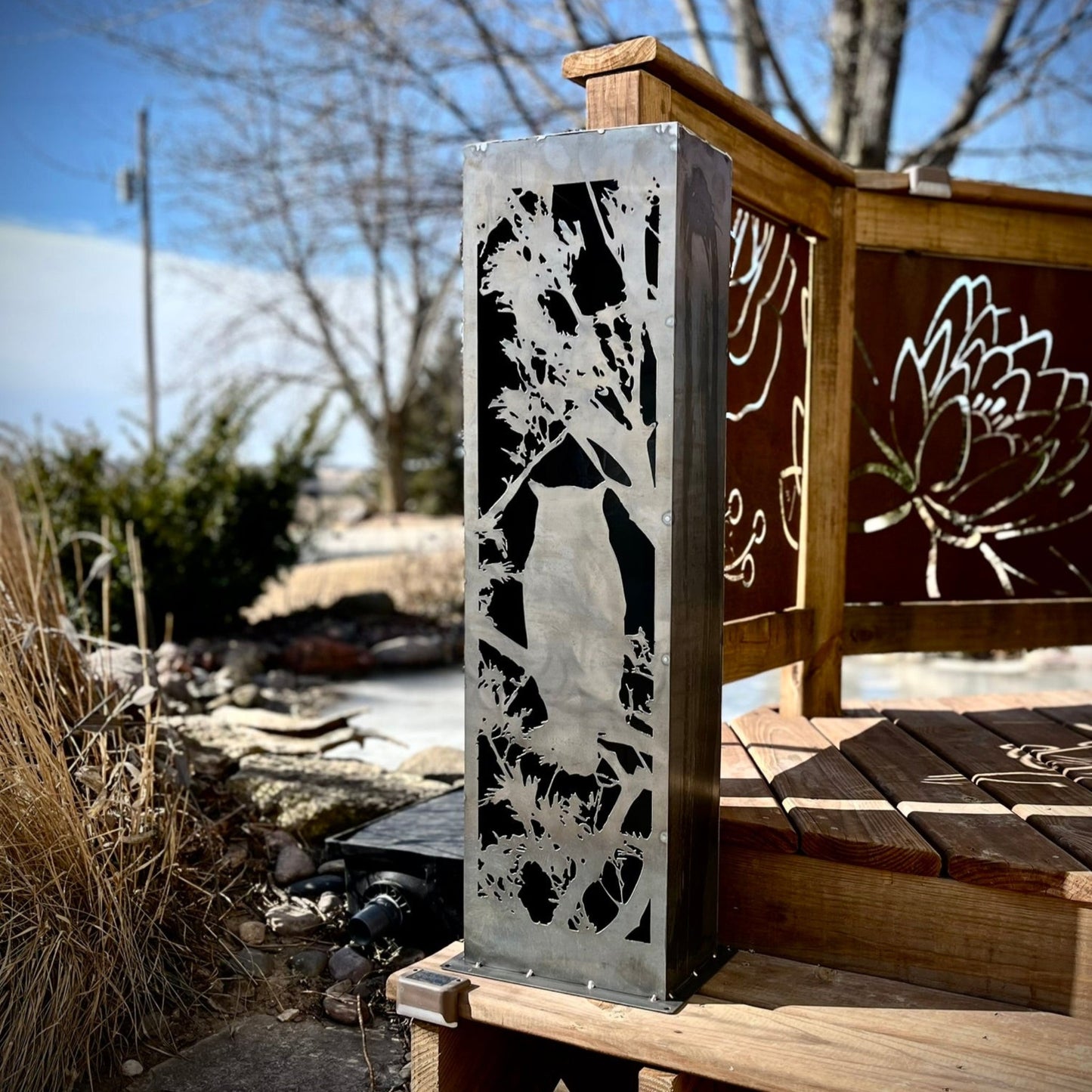 Owl in the Pines Steel Solar Luminary Pillar - birds & trees - cabin decor - Northern Forge, LLC