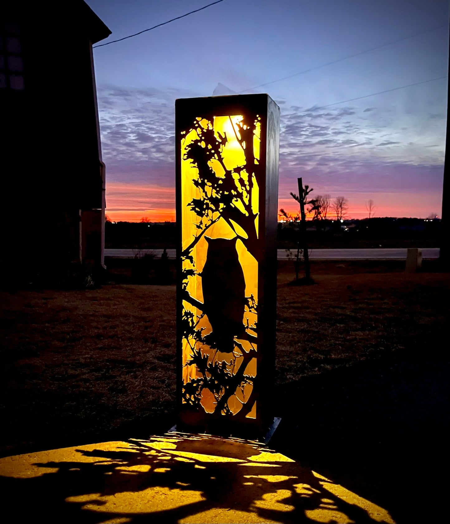 Owl in the Pines Steel Solar Luminary Pillar - birds & trees - cabin decor - Northern Forge, LLC