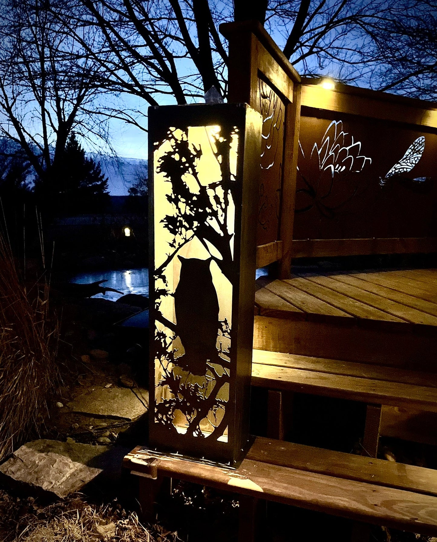 Owl in the Pines Steel Solar Luminary Pillar - birds & trees - cabin decor - Northern Forge, LLC