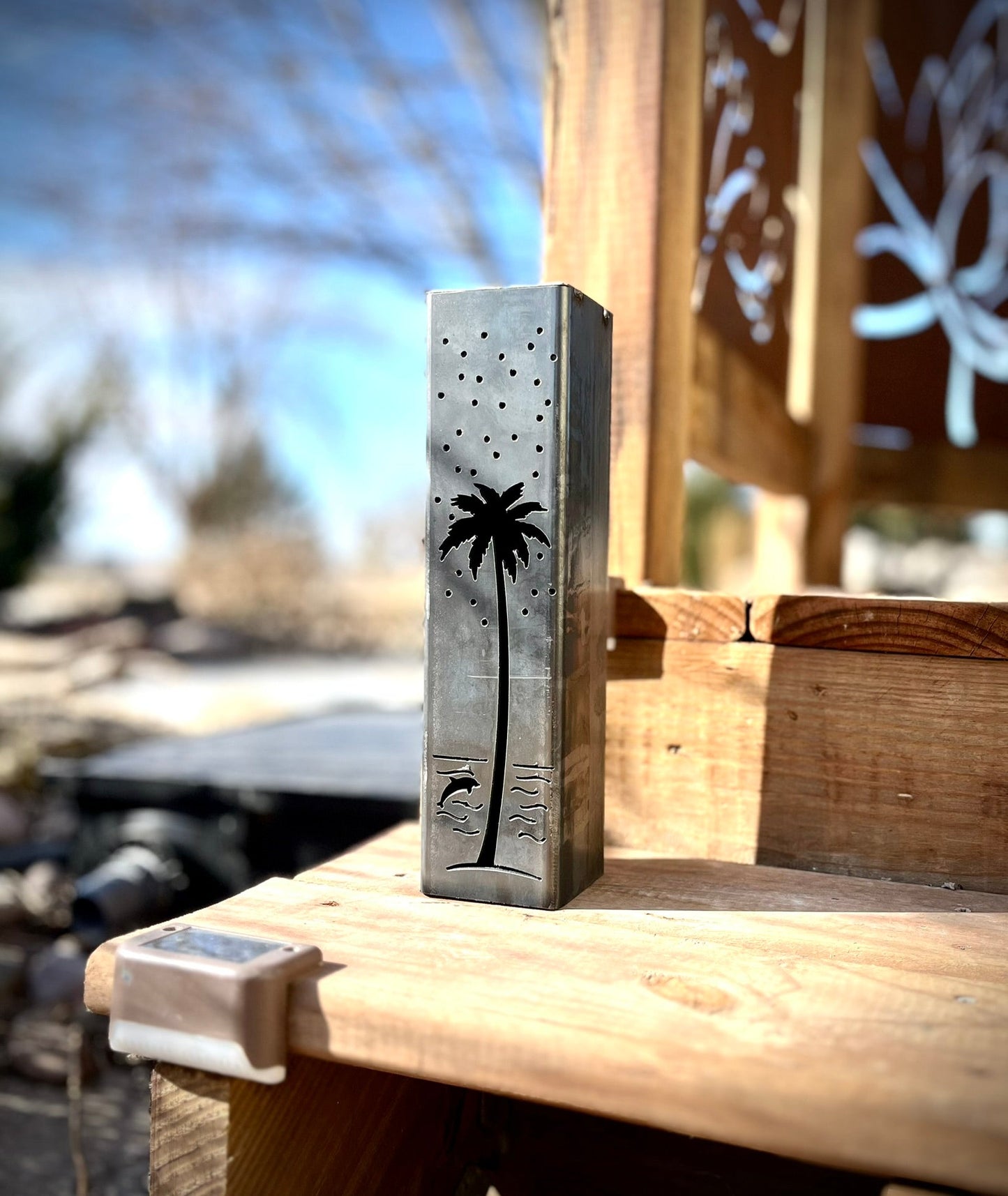 Palm Trees Under the Stars Luminary Pillars w/ Solar Cap | 12 - inch, 14 - inch, 16 - inch - florida metal art - Luminary tube - Northern Forge, LLC